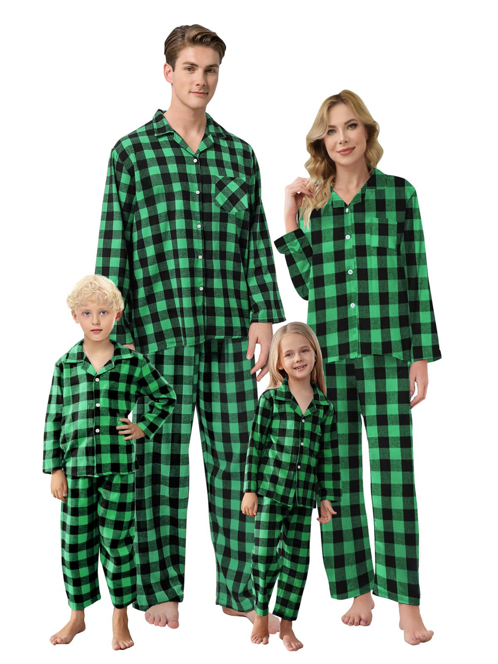 Schbbbta Family Plaid Pajamas Set, Girls Boys 2-Piece Pajamas Set Long Sleeve Sleepwear Button Down Pjs, Black Green, 7-8 Years=Tag 140