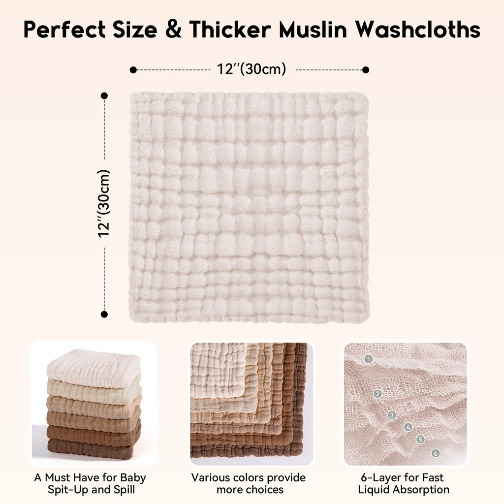Unnivoll Muslin Burp Cloths Baby 12''X12'', Baby Washcloths 6 Pack, 100% Cotton Baby Wash Cloths Absorbent and Soft for Newborn Infants Kids Boys Girls - Gradient Brown