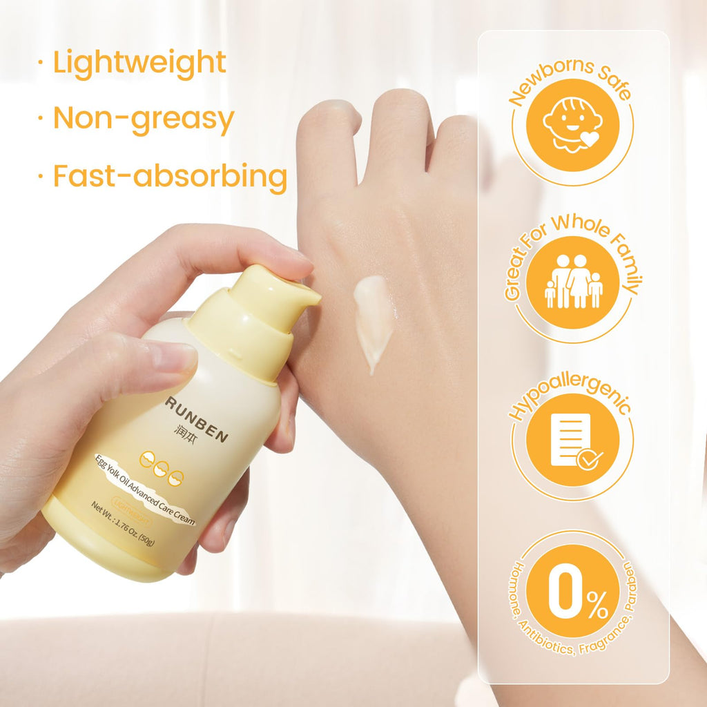 RUNBEN Baby Face Cream with Egg Yolk Oil, 48H Deep Moisturizing, Gentle & Non-Greasy Kids Face Lotion, Dry & Sensitive Skin Care for Baby, Fragrance-Free, 1.76 oz