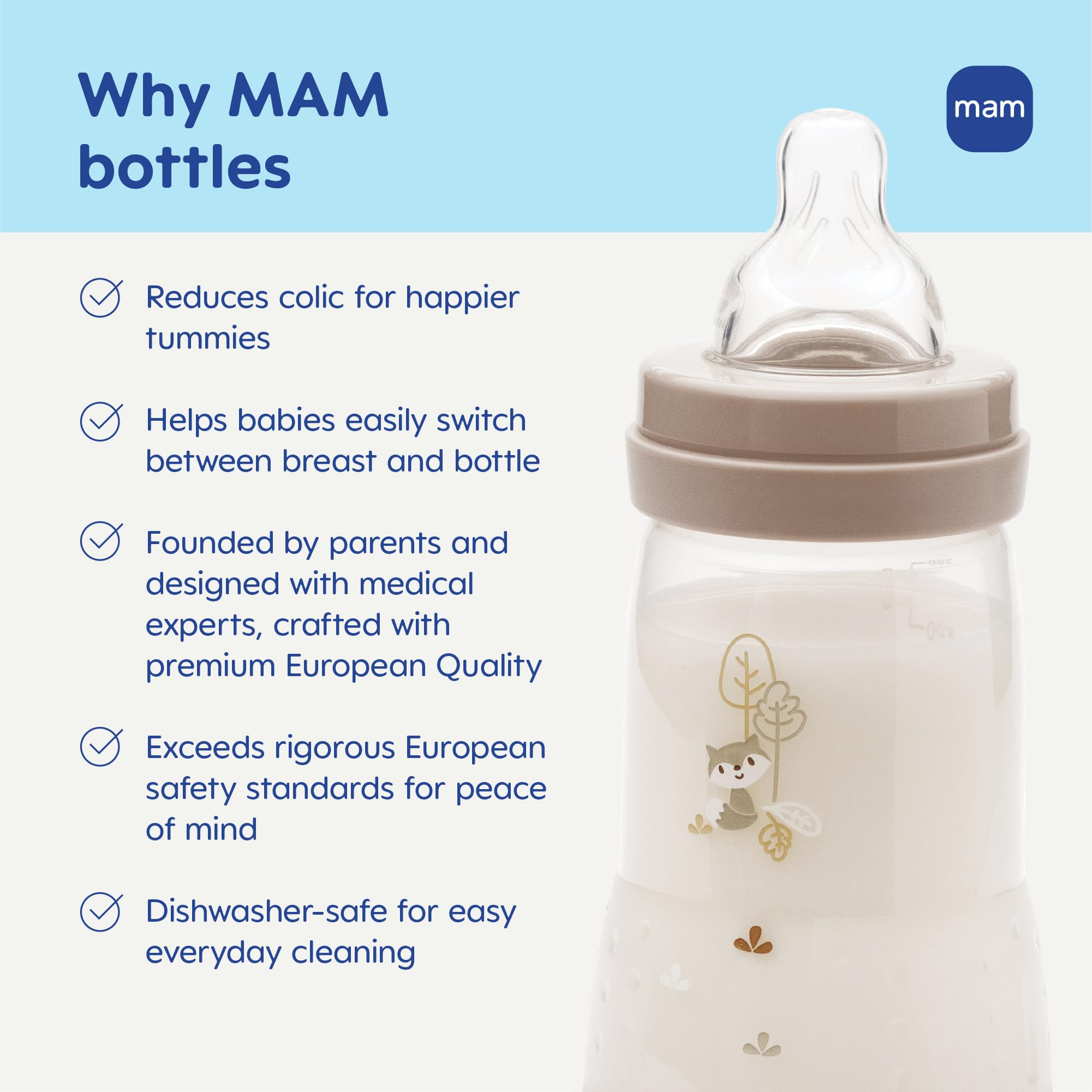 MAM 9oz Easy Start Anti-Colic+ Vented Baby Bottles, 2+ Months, 6 Pack, Boy
