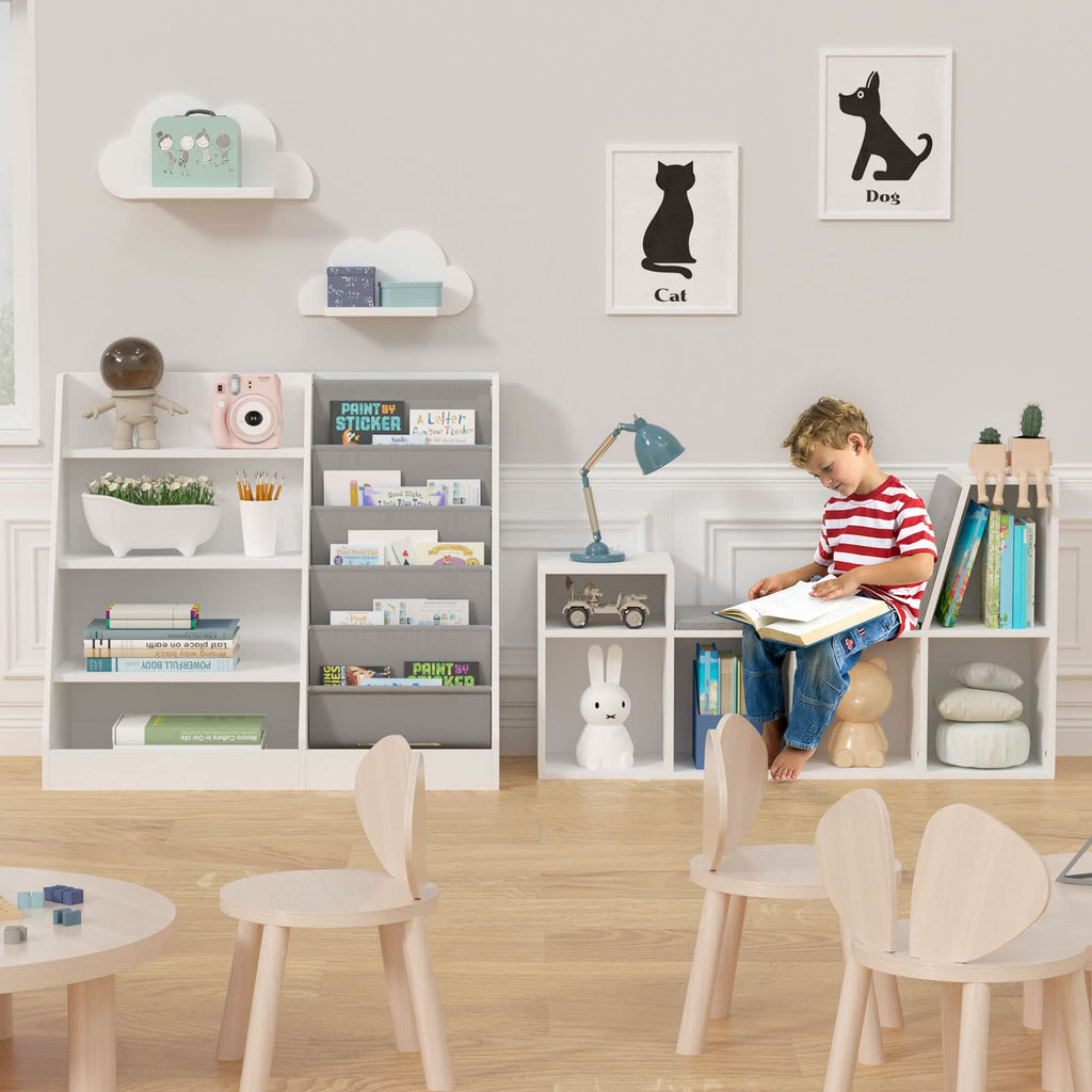 HedoAjim 4 Tier Kids Wooden Bookshelf, 5 Layer Sling Toddler Bookcase,Baby Storage Book Rack,Book and Toy Organizer Cabinet,Children Book Display,Playroom Nursery Classroom Kid Room