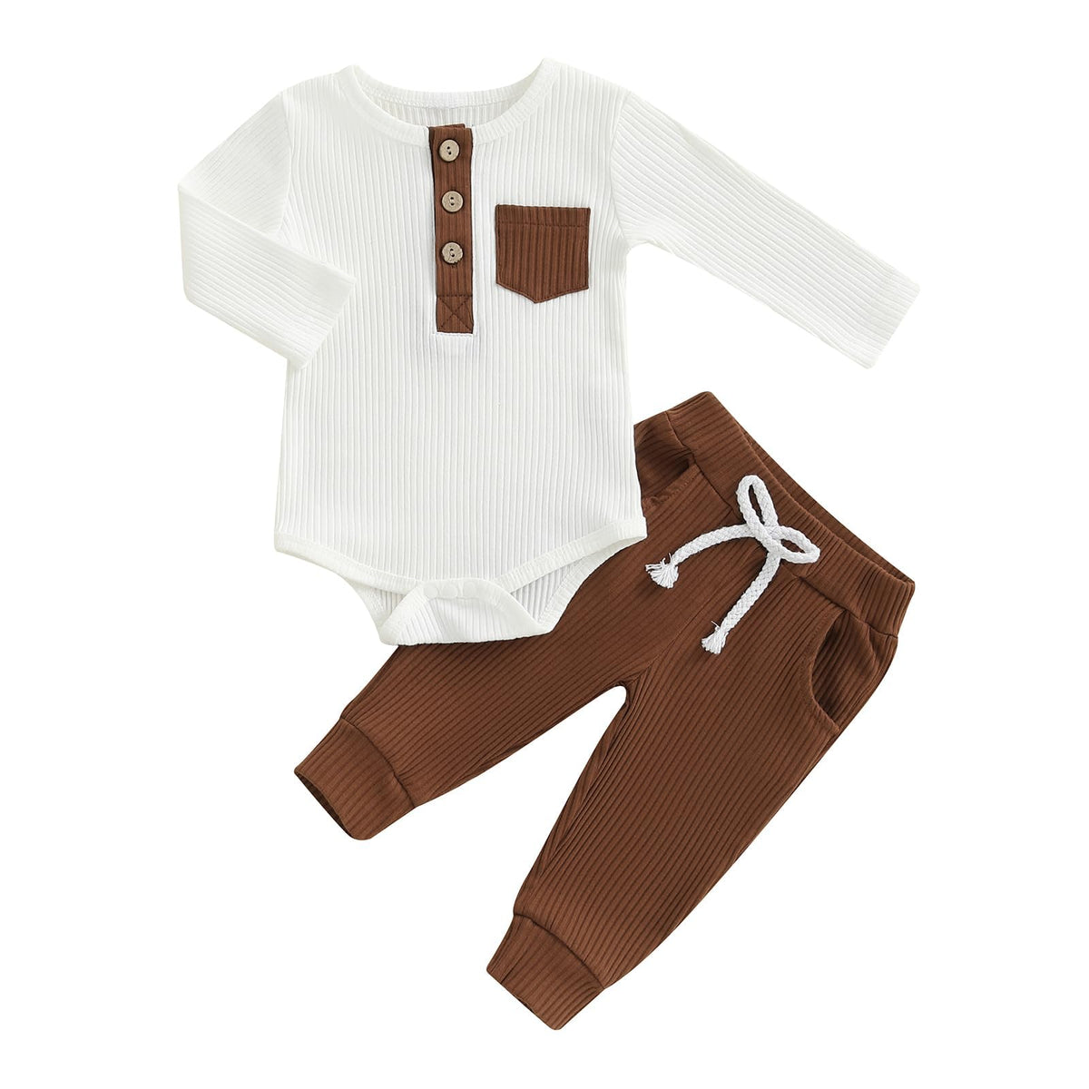 fhutpw Baby Boy Clothes 3 6 12 18 Months Ribbed Knitted Long Sleeve Romper and Pants Sets Newborn Fall Splicing Color Outfits (White&Brown, 3-6 Months)