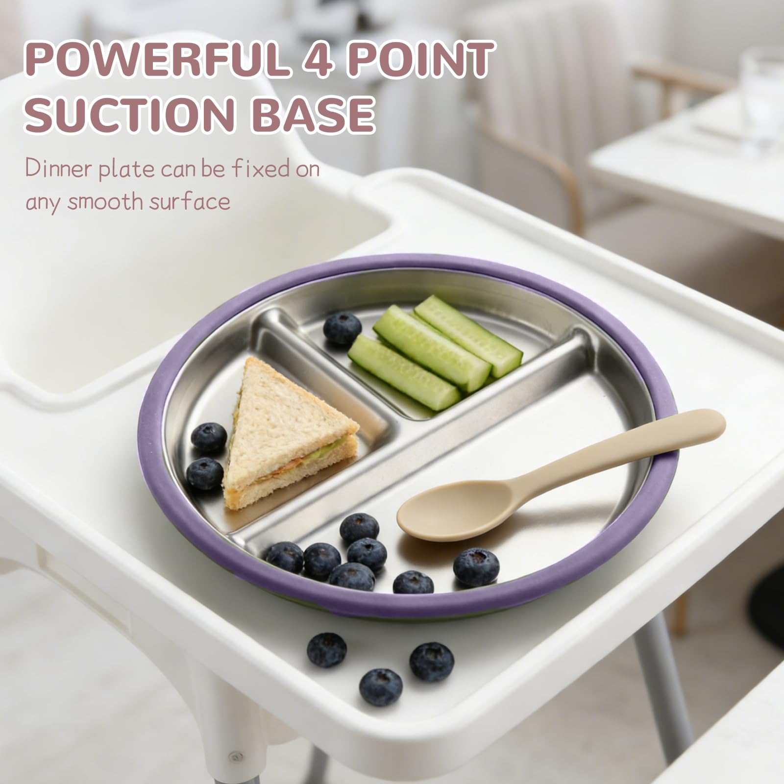 SPMKTQK 3 Pack Stainless Steel Kids Plates, Suction Divided, Baby Feeding
