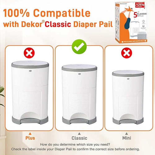 5 Pack Refills Compatible with DEKOR CLASSIC Diaper Pails | 20% Extra Length Diaper Pail Refill Bags Liners Holds 2970 Diapers | Ultimate Odor Control with Baby Scented
