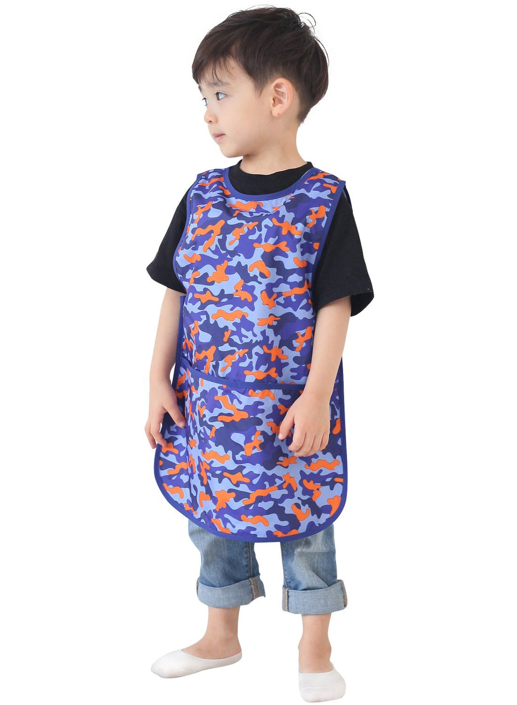 Plie Kids Painting Apron – Waterproof Art Smock for Toddlers & Preschoolers, Messy Play, Baking, Crafts, Cooking, Sensory Activities, Mealtime (Ages 1–10), Blue Camo (35-L)