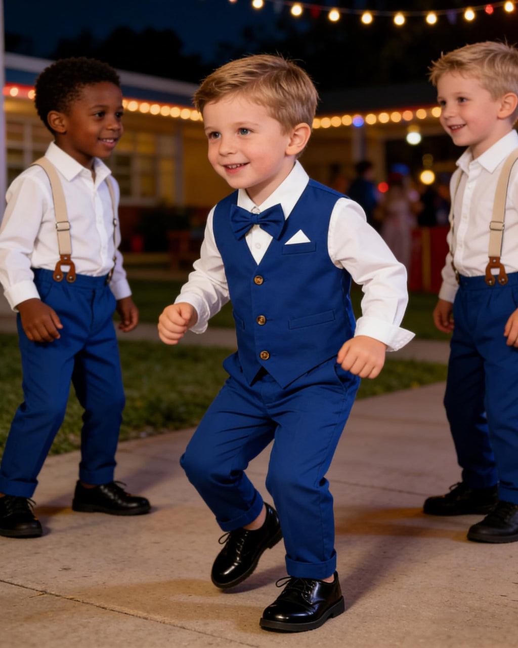 SANGTREE Boys Gentleman Wedding Outfits with Long Sleeve Floral Shirt, Bowtie, Boutonniere, Vest and Suspender Pants Sets, Linen Blue Sea, 9-12 Months = Tag 70