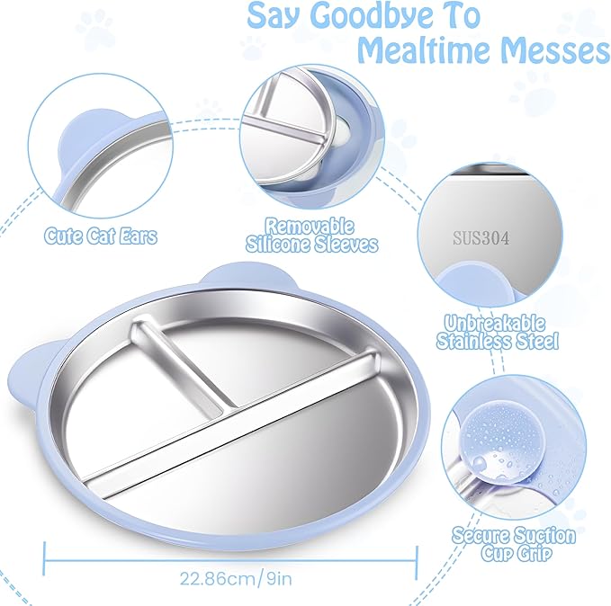 Stainless Steel Kids Plate with Suction Set of 2, 9″ Toddler Divided Plates with Removable Non Slip Silicone Sleeves, Baby Snack Dishes, Non Toxic and BPA Free, Light Pink & Baby Blue