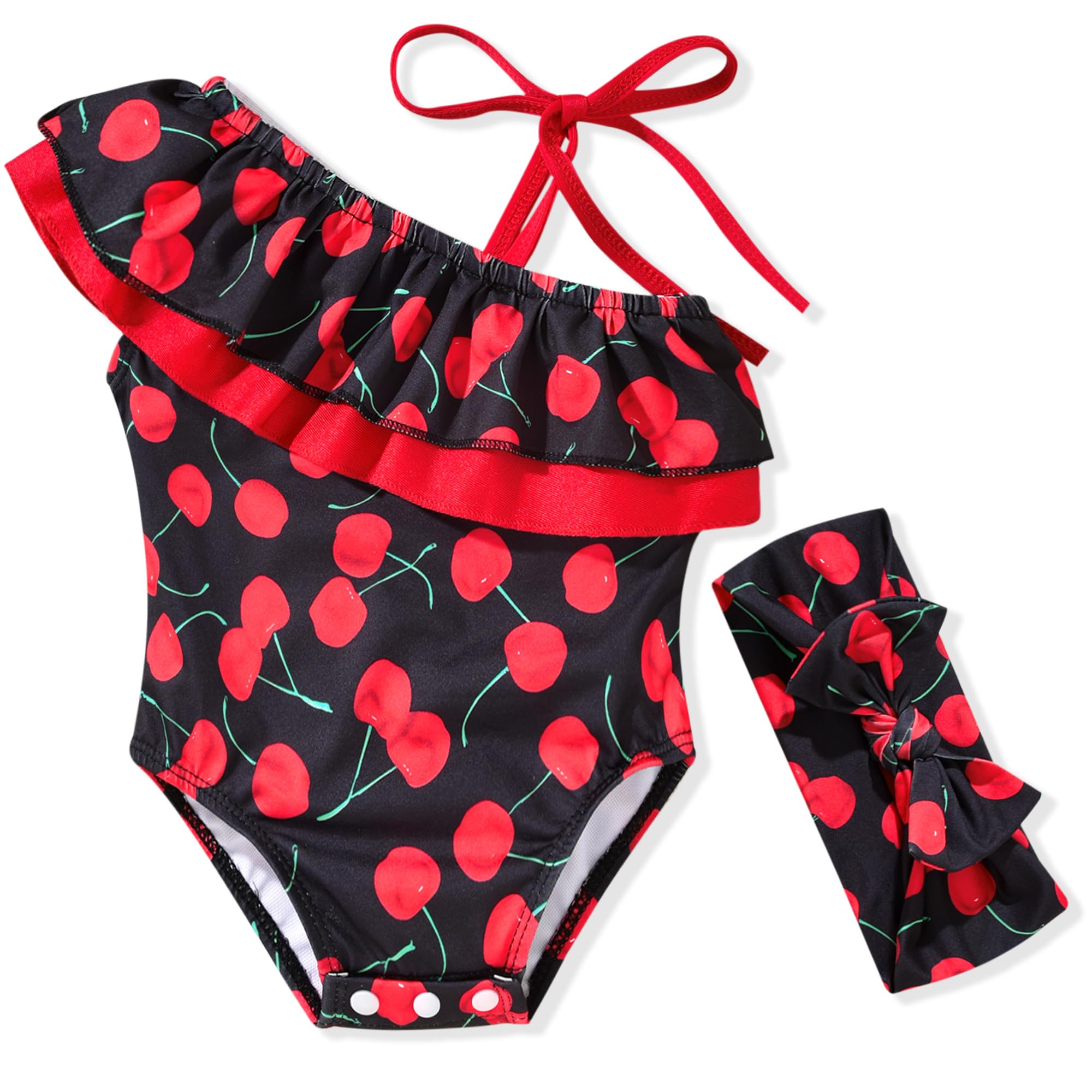 HINTINA 12 Month Baby Girls One Piece Swimsuits Infant Cherry Bathing Suit Off Shoulder Swimwear Swimming Beach Wear with Headband 12-18 Months