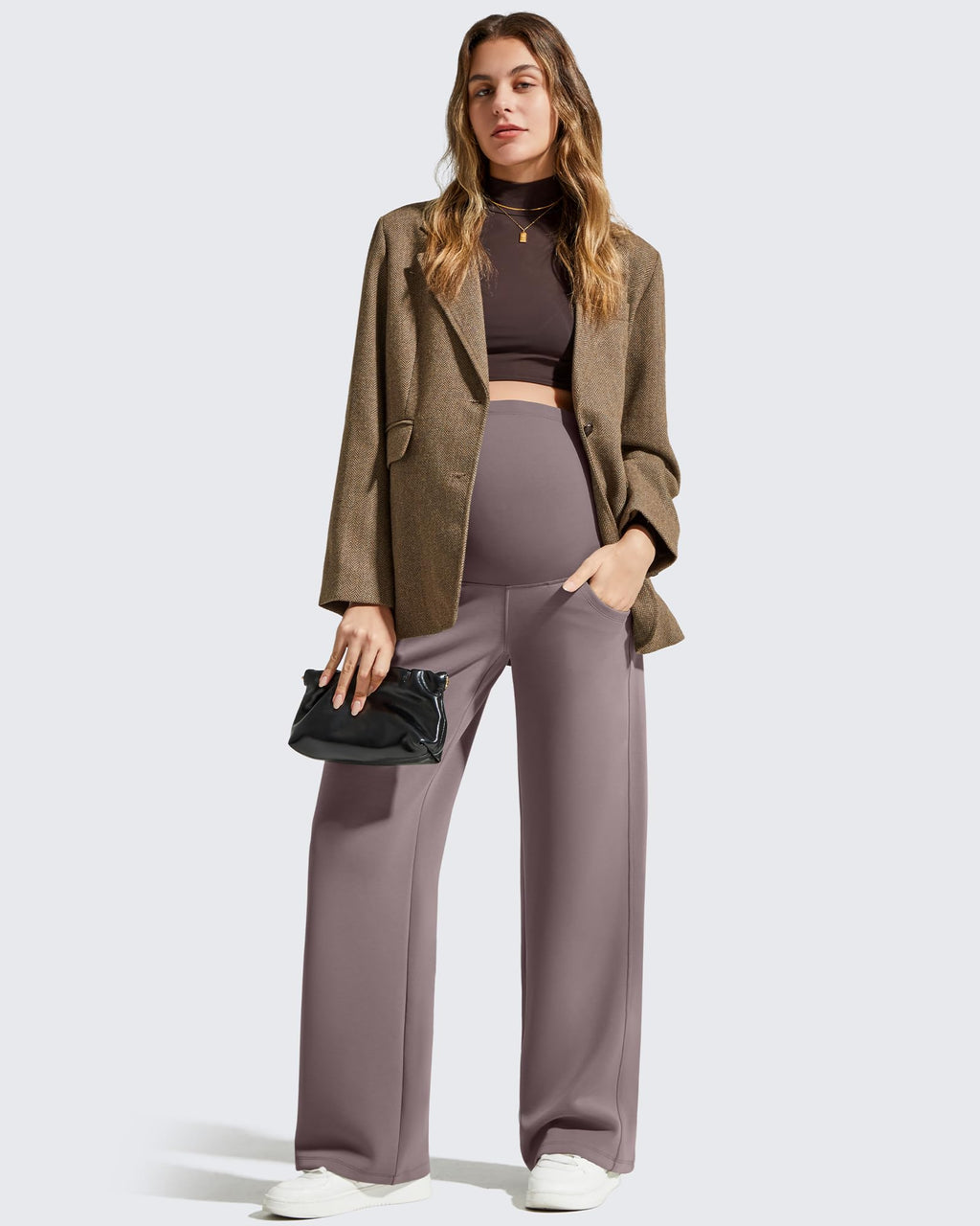 G4Free Maternity Dress Pants with Pockets Casual Lounge Sweatpants Over Bump Pregnancy Trousers Comfy Postpartum Cloth(Taupe,L,Regular)