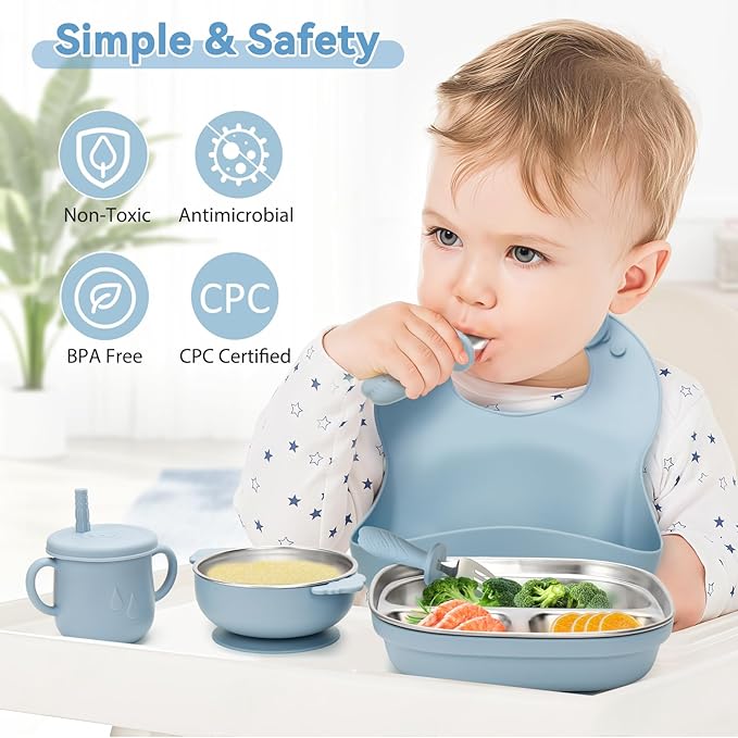 Stainless Steel Kids Plates and Bowls Set with Suction, Divided Baby Plate and Toddler Bowl with Removable Silicone Suction,Stainless Steel Weaning Bundle, Silicone Baby Feeding Set (Blue)