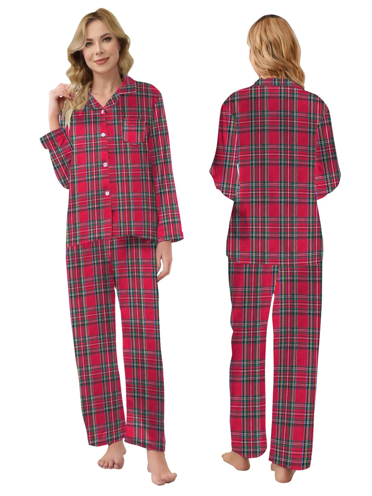 Family Pajamas Set, Kids Plaid Long Sleeve Lounge Set Button Down Pj Sets, Scottish Red, 13-14 Years = Tag 170