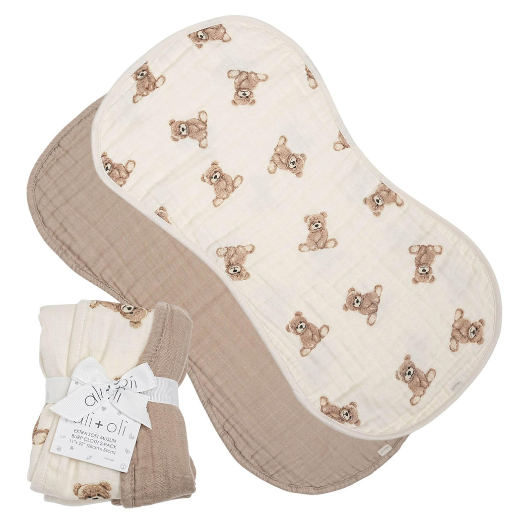Ali+Oli Muslin Burp Cloths for Baby, 2 Pack, Soft Absorbent Burp Rags (Teddy-Taupe)