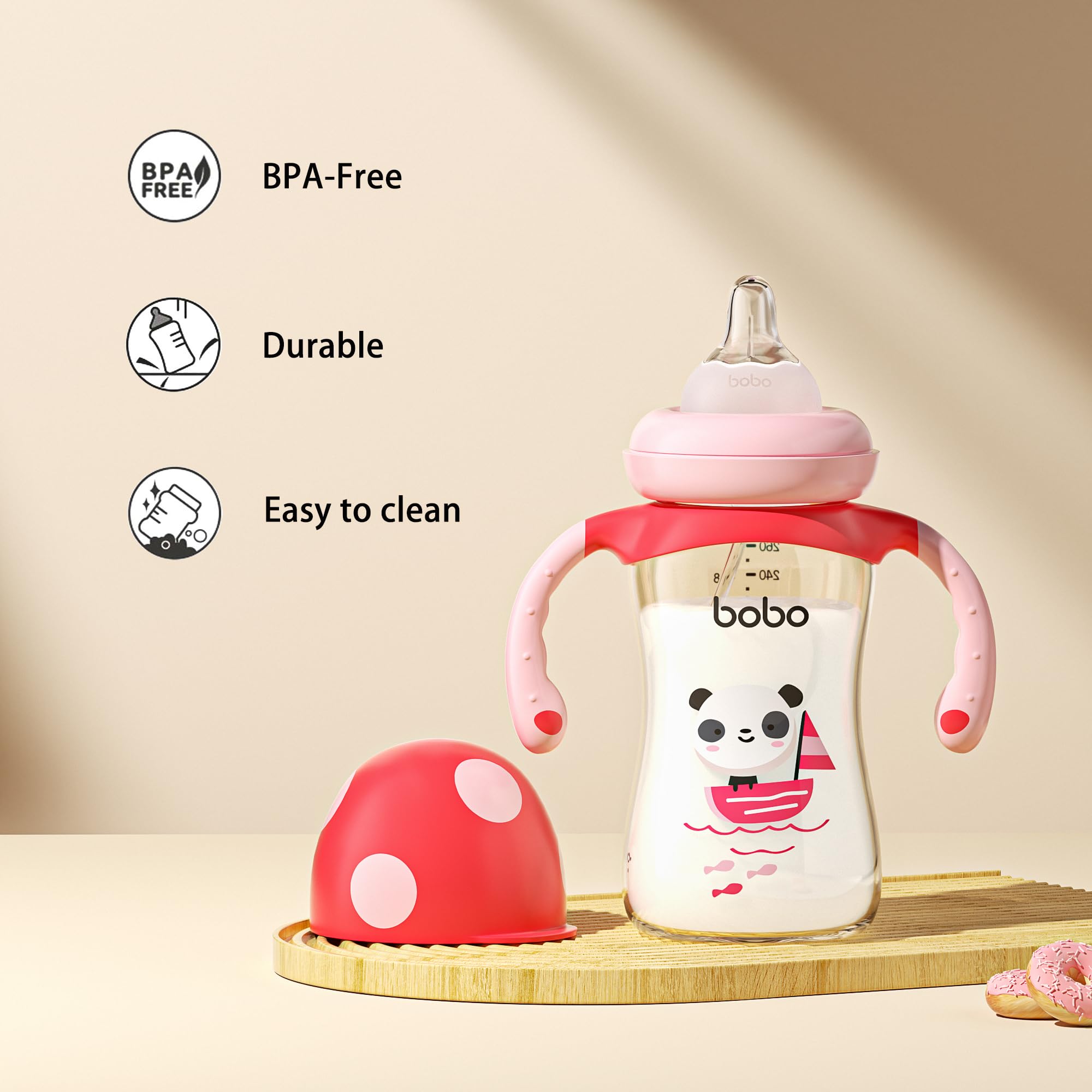 YOHKOH Natural PPSU Baby Bottle with Natural Response Nipple, Newborn Anti-Colic Baby Bottles with Handle, Wide Neck Mushroom Cap Baby Bottle (8.8oz (Pack of 2), Red)