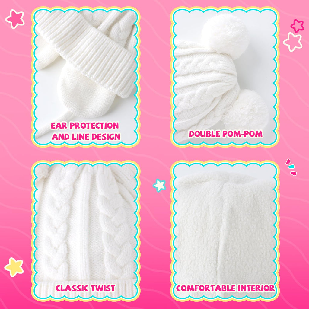 Duoyeree Toddler Winter Hat, Earflap Double Pom Pom Knit Beanie 0-36M
