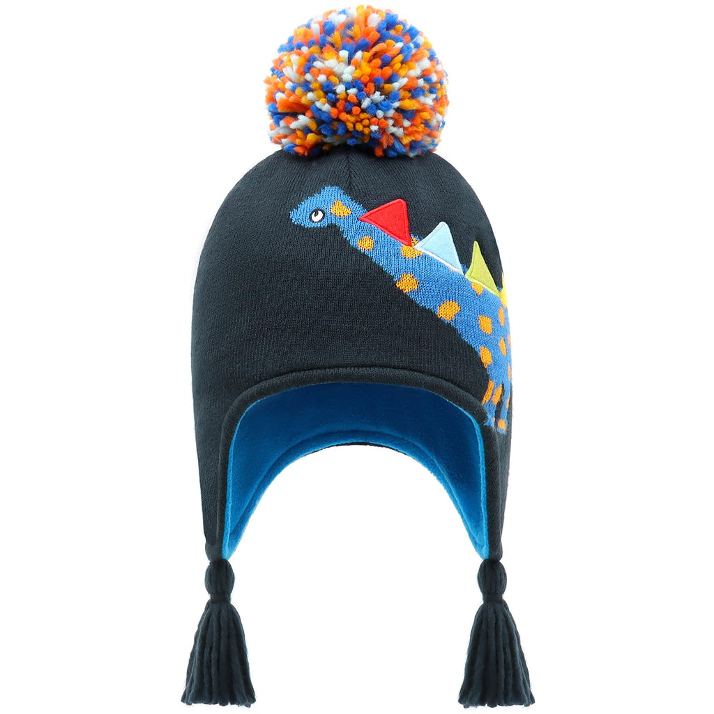 Duoyeree Kids Beanie Dinosaur Pom Pom Knit Winter Hat Fleece Lined for 1-7T