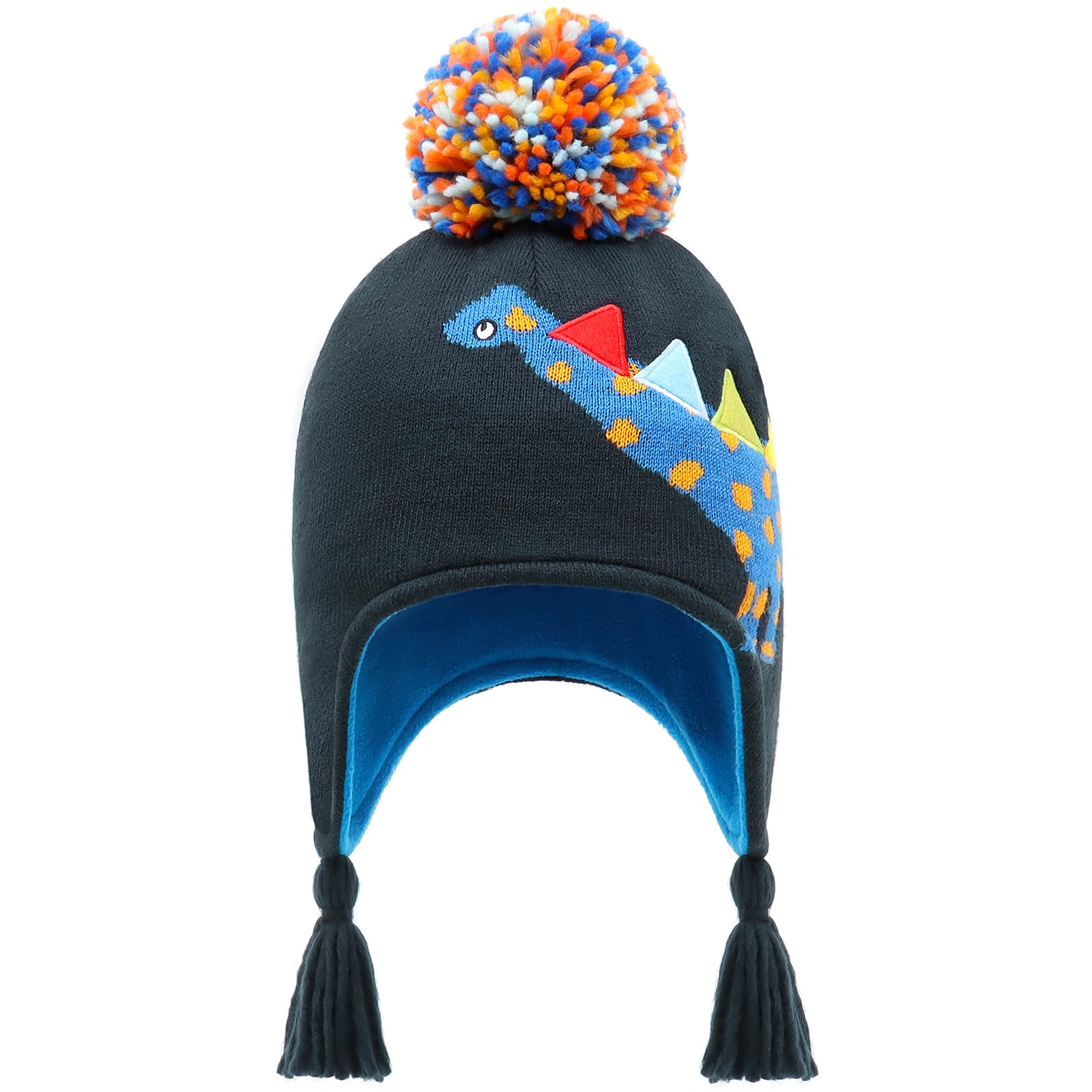 Duoyeree Kids Beanie Dinosaur Pom Pom Knit Winter Hat Fleece Lined for 1-7T