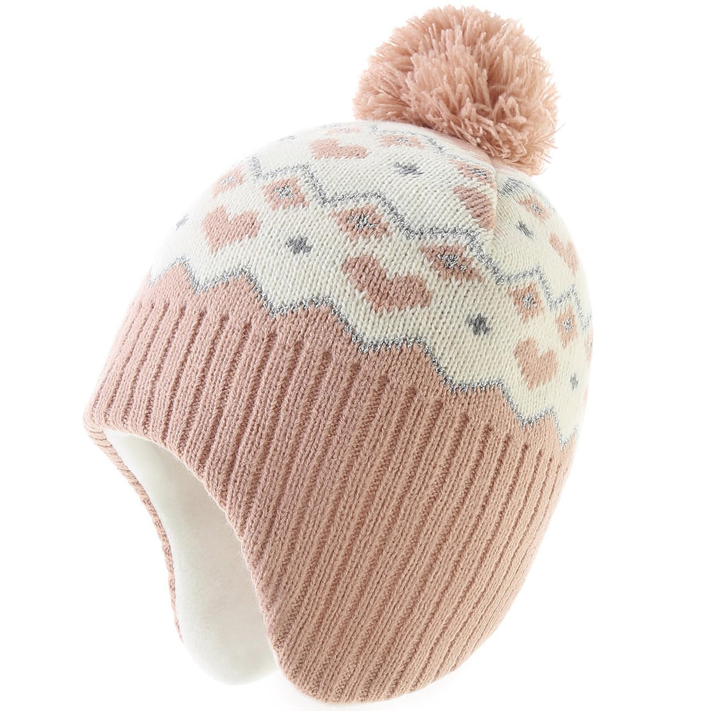 Moon Kitty Baby Girl Knit Hat with Ear Flaps Winter Warm Toddler Beanie for 6-12 Months Soft Acrylic Knit & Fleece Lined Ear Protection Cute Pom Pom Hat for Baby