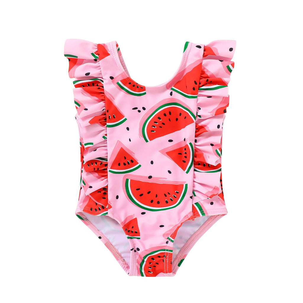 Happy Town One-Piece Infant Toddler Baby Girl Summer Swimsuit Watermelon Leopard Ruffle Swimwear Bikini Bathing Suit (Pink Watermelon, 3-6 Months)