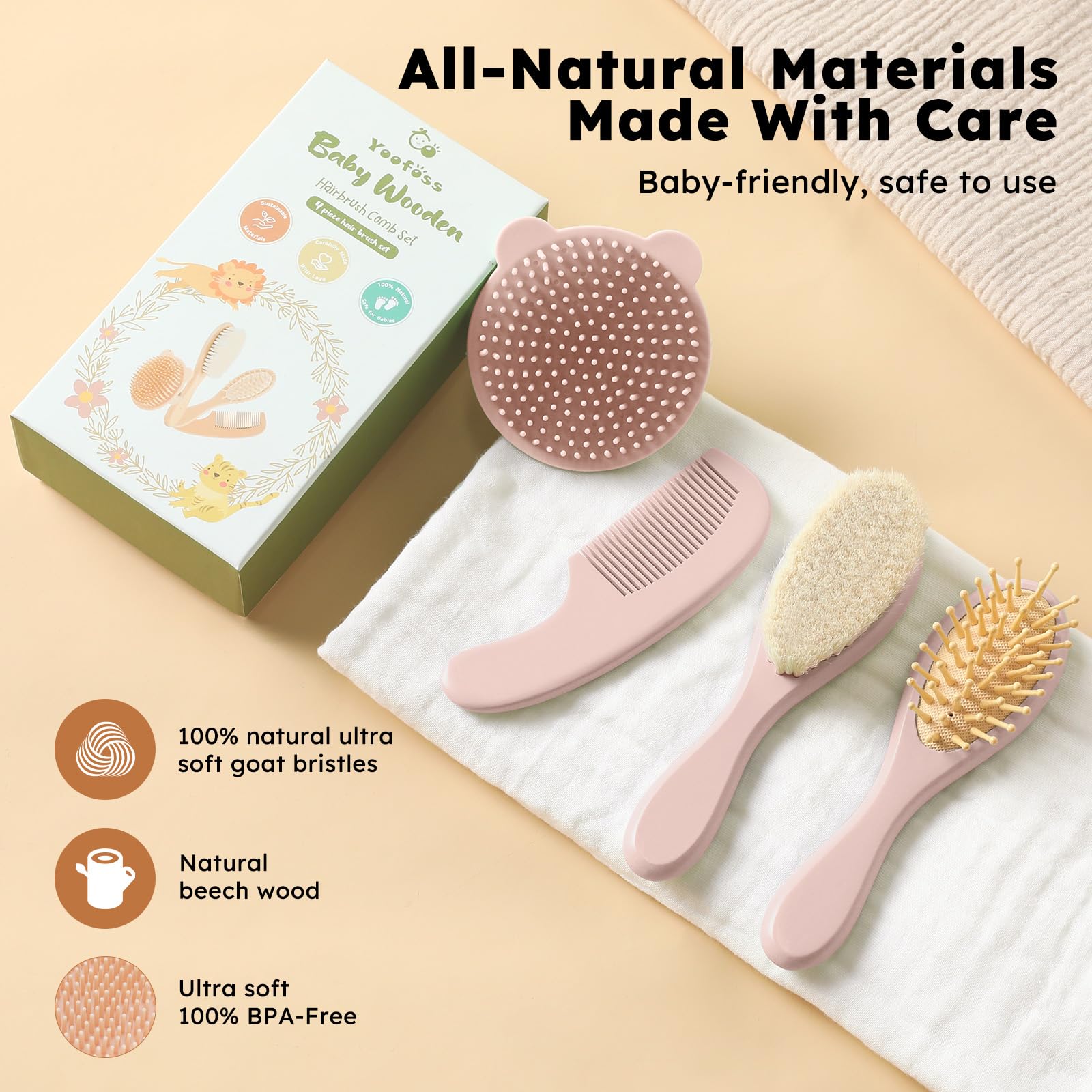 Yoofoss 4 Piece Baby Hair Brush and Comb Set，Wooden Baby Hair Brush with Natural Ultra Soft Goat Hair, Baby Comb Set for Boy, Girl - Pink