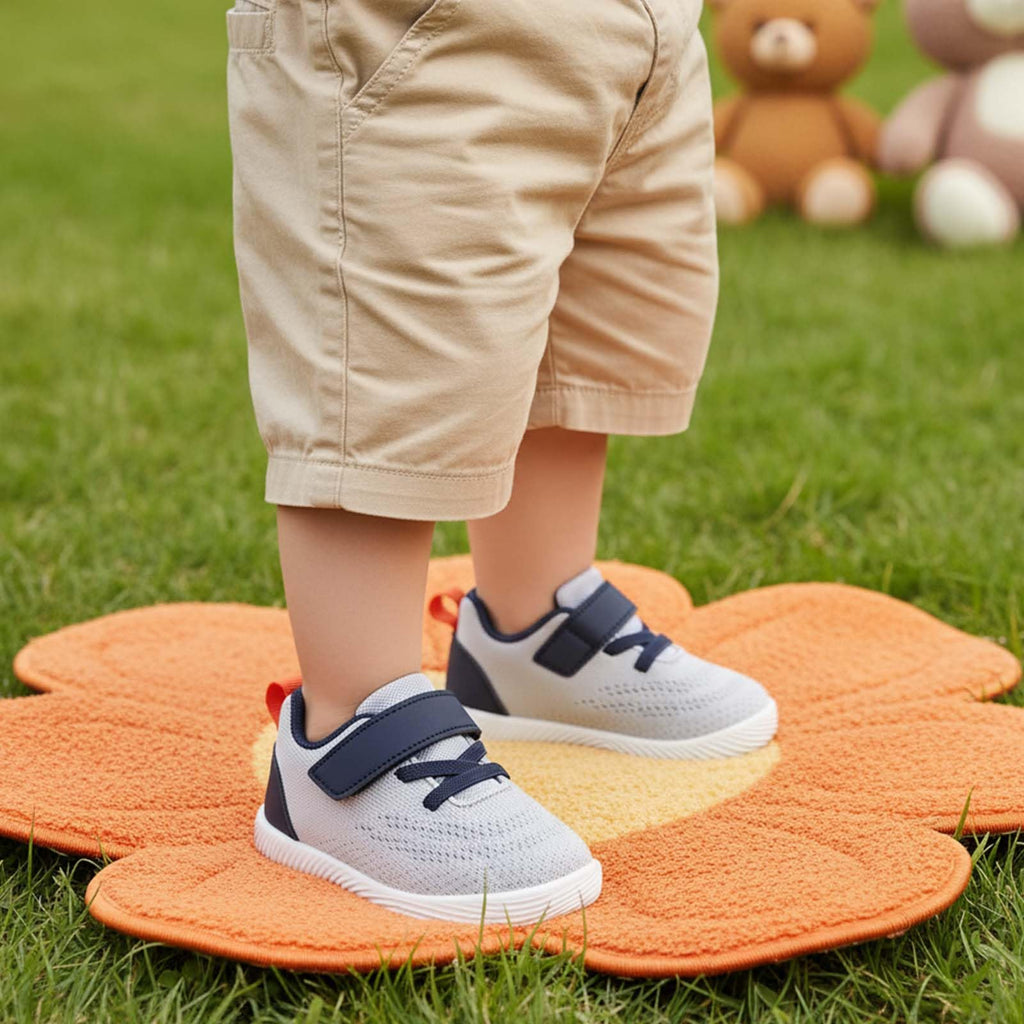 MORENDL Toddler Sneakers Baby Boys & Girls Barefoot Shoes Lightweight Breathable Walking Running Tennis Athletic Sport Shoes Grey Navy 9-12 Months Size 4.5
