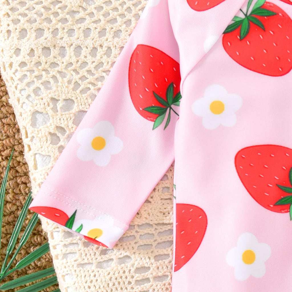 Aalizzwell Newborn Infant Baby Girls One Piece Long Sleeve Swimsuit Strawberry Bathing Suit Zip Up Swimwear Beach Wear 0-3 Months Fruit
