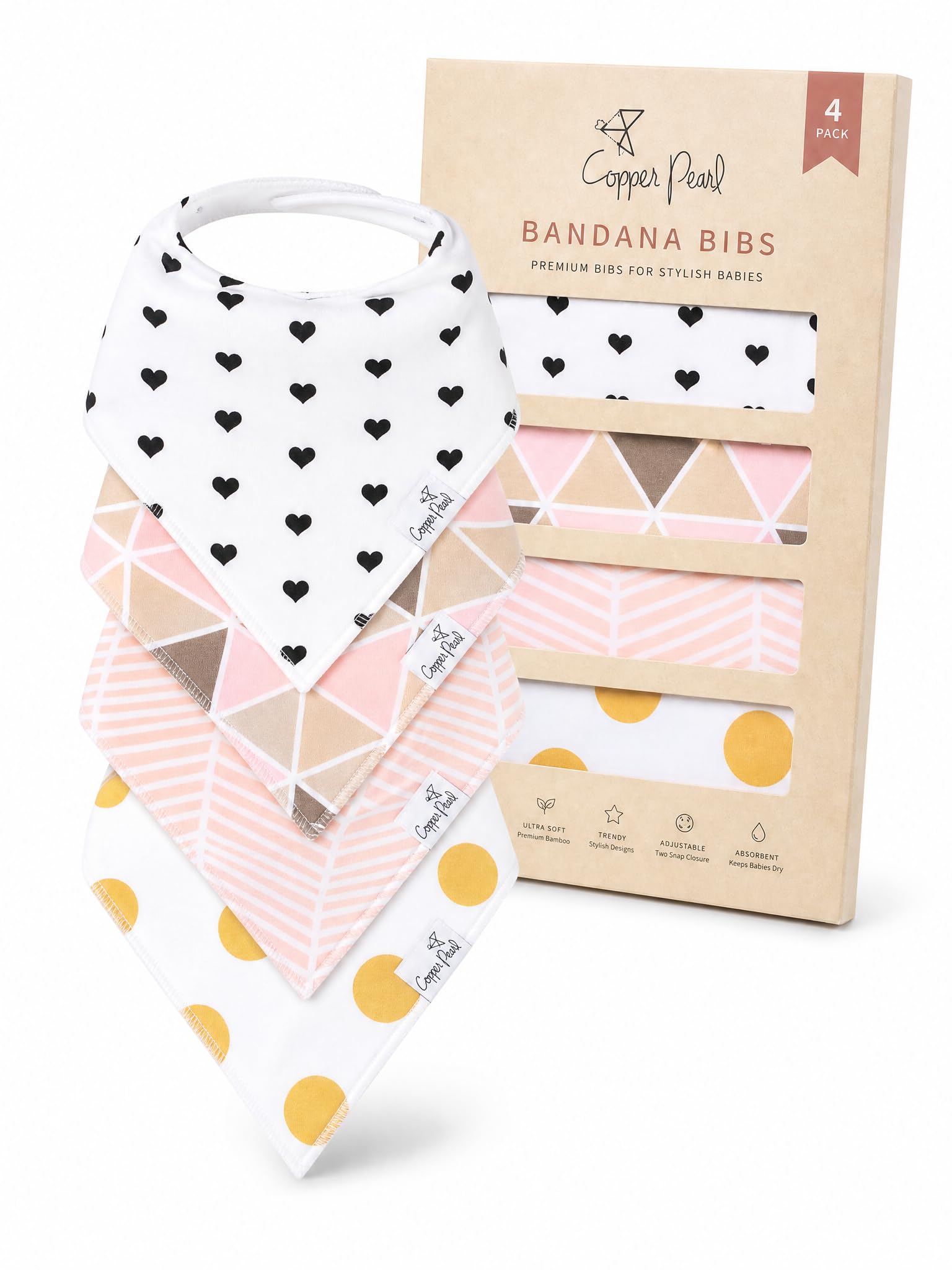Copper Pearl Baby Bibs for Baby Boy or Girl – Bandana Drool Bibs for Teething, Absorbent Bibs for Eating, Newborn to Toddler, 4 Pack, Blush