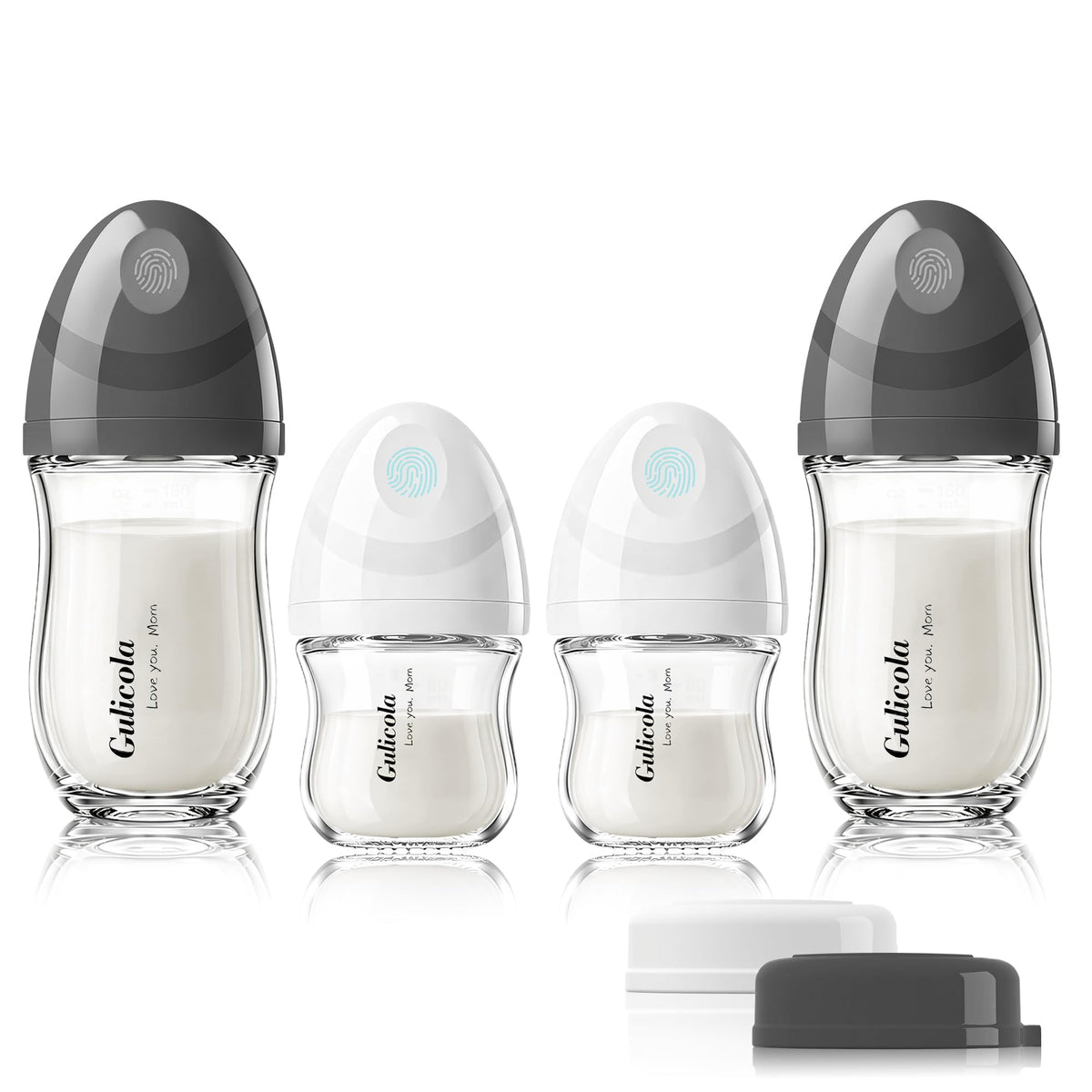 Gulicola Natural Glass Baby Bottles Set 4 Pack, Newborn Boy Breastfeeding Bottles with Slow Flow Nipples, 0 Months+, 3 oz & 5 oz - Black/White