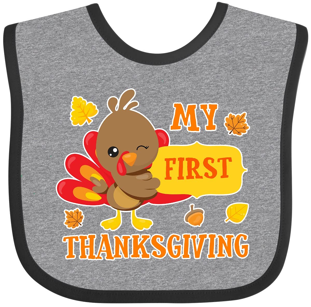 inktastic My First Thanksgiving with Turkey and Leaves Baby Bib Heather and Black 2c777
