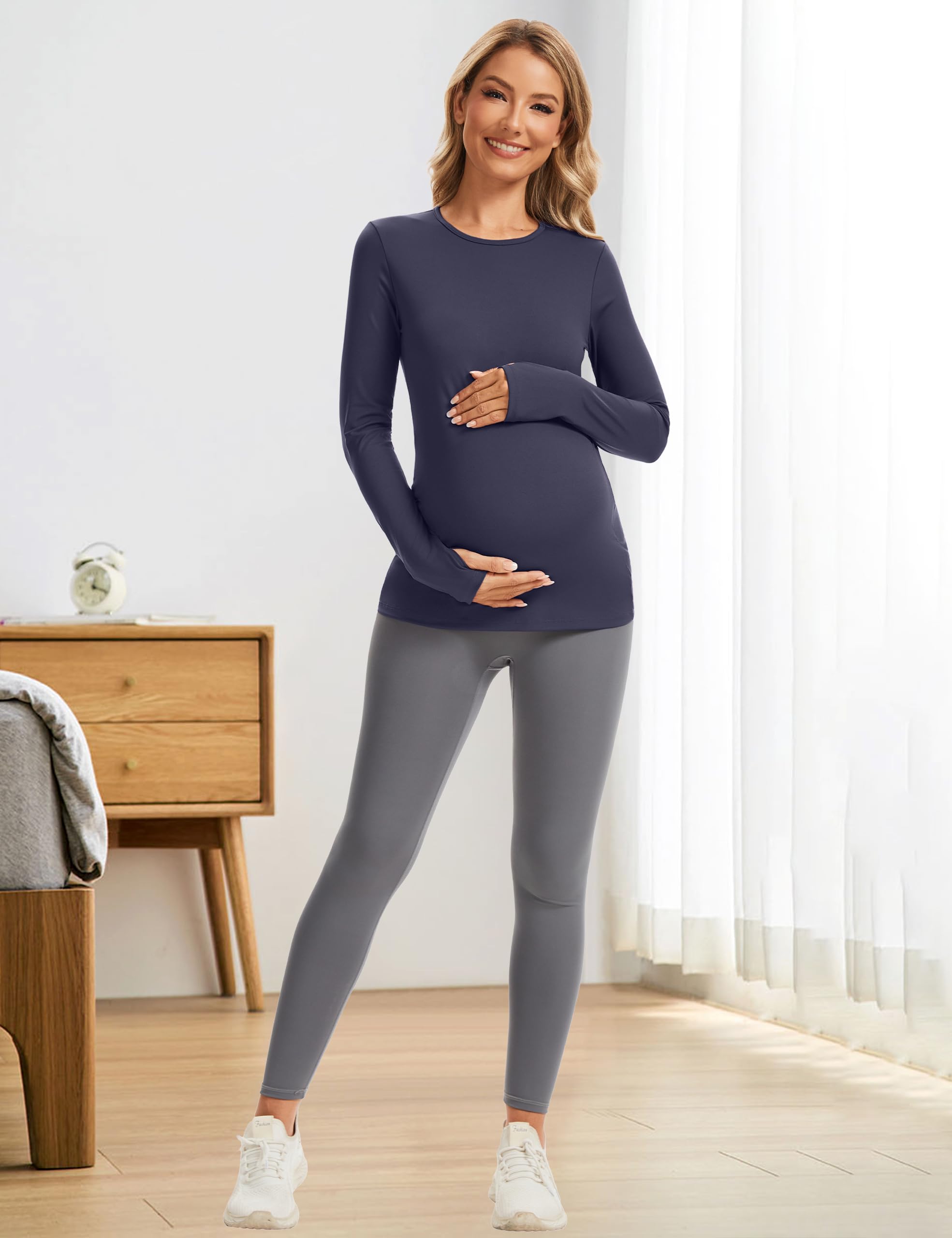 MathCat Maternity Long Sleeve Shirt with Thumbleholes,Pregnancy Casual Tops Athletic Yoga Maternity Shirts