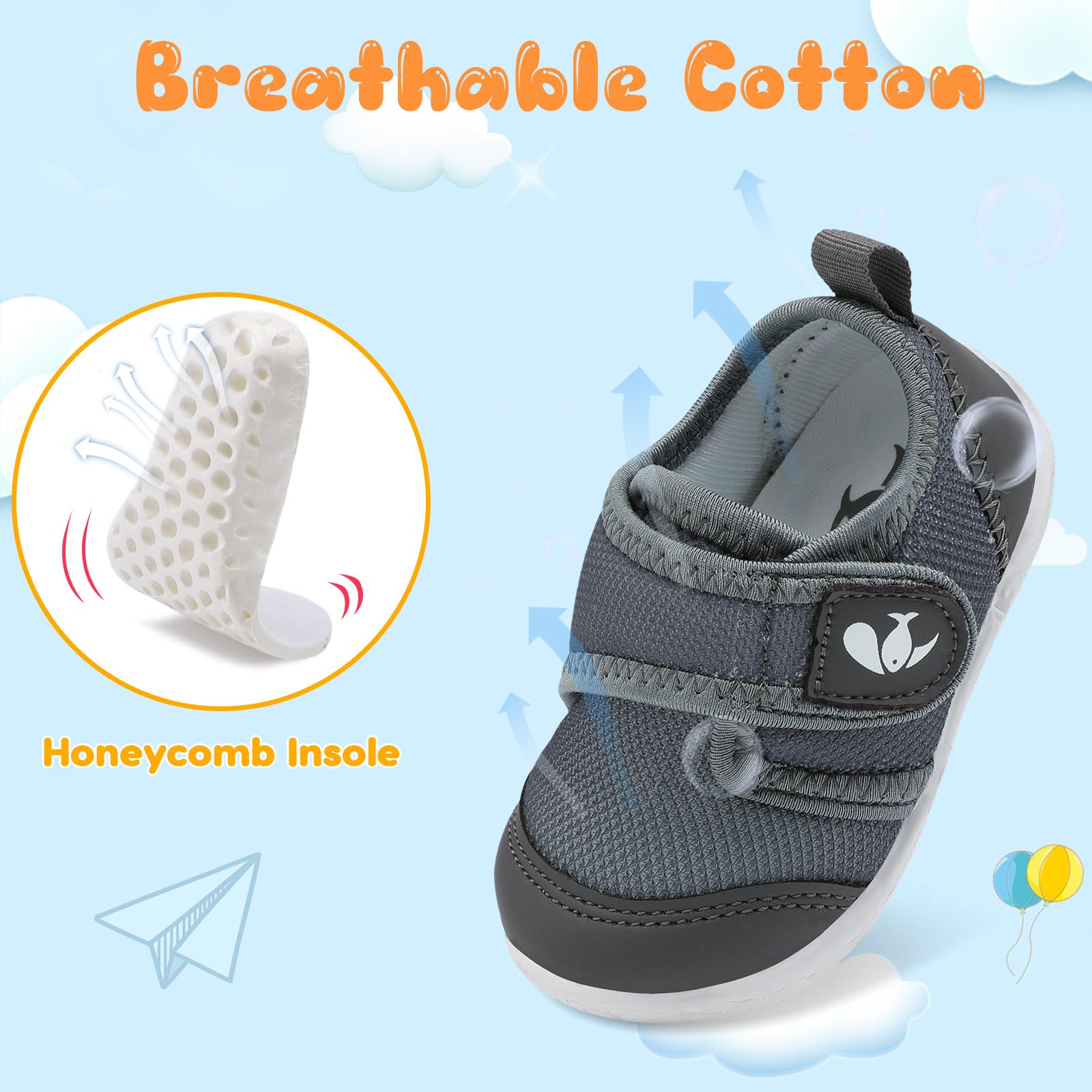 FEETCITY Unisex Baby Shoes Boys Girls Toddler Sneakers Slip On Infant First Walking Shoes Crib Shoe Grey