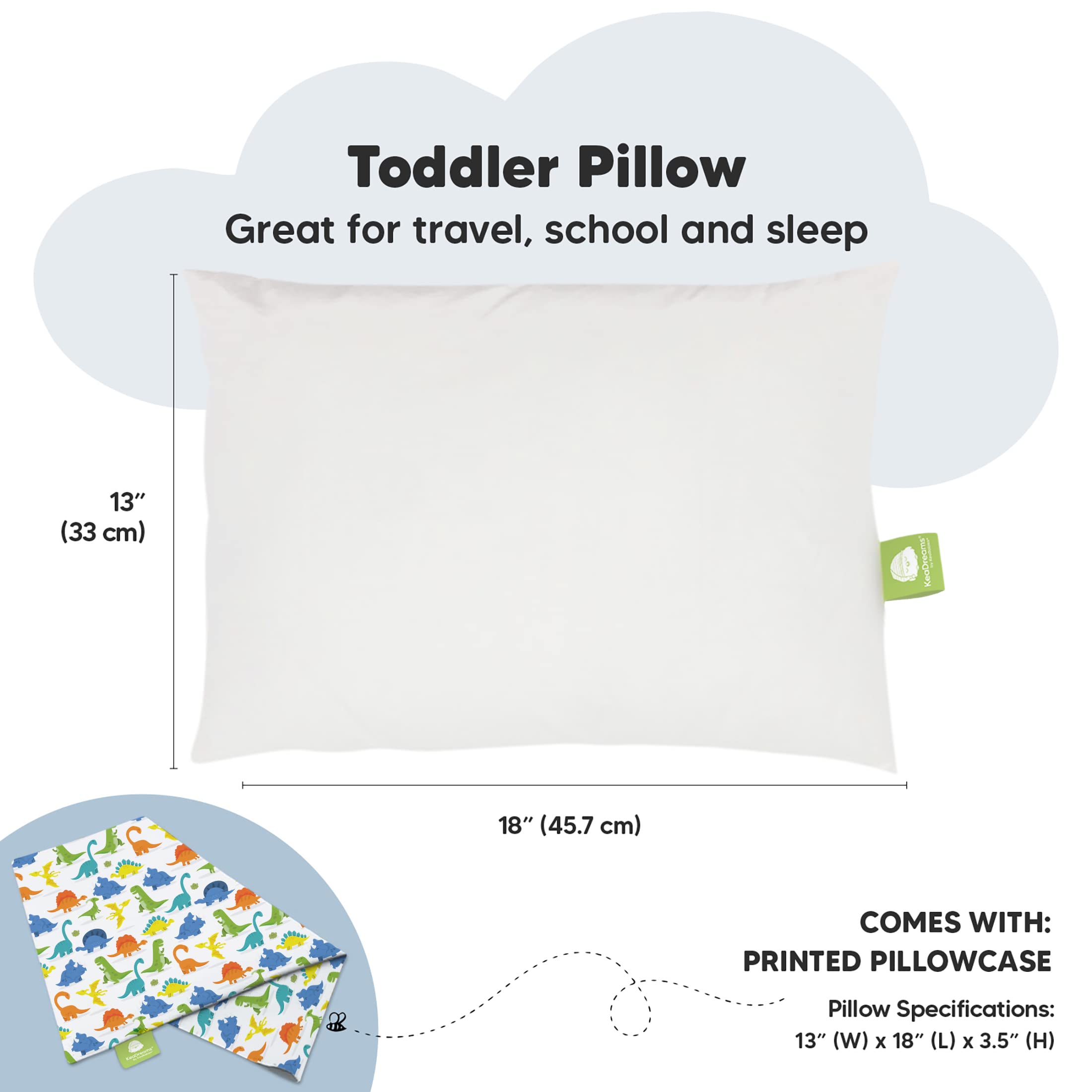 Toddler Pillow with Pillowcase, 13x18 My Little Dreamy Pillow (Happy Dino)