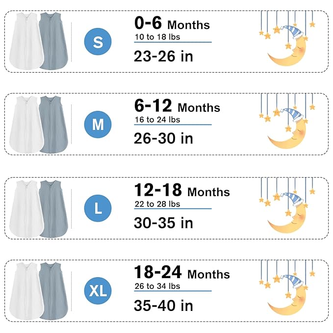 2 Pack Baby Sleep Sack 12-18 Months 100% Organic Cotton Muslin Baby Sleeping Bag 2-Way Zipper Toddler Wearable Blankets Comfy Stretchy Thin Sleep Sacks