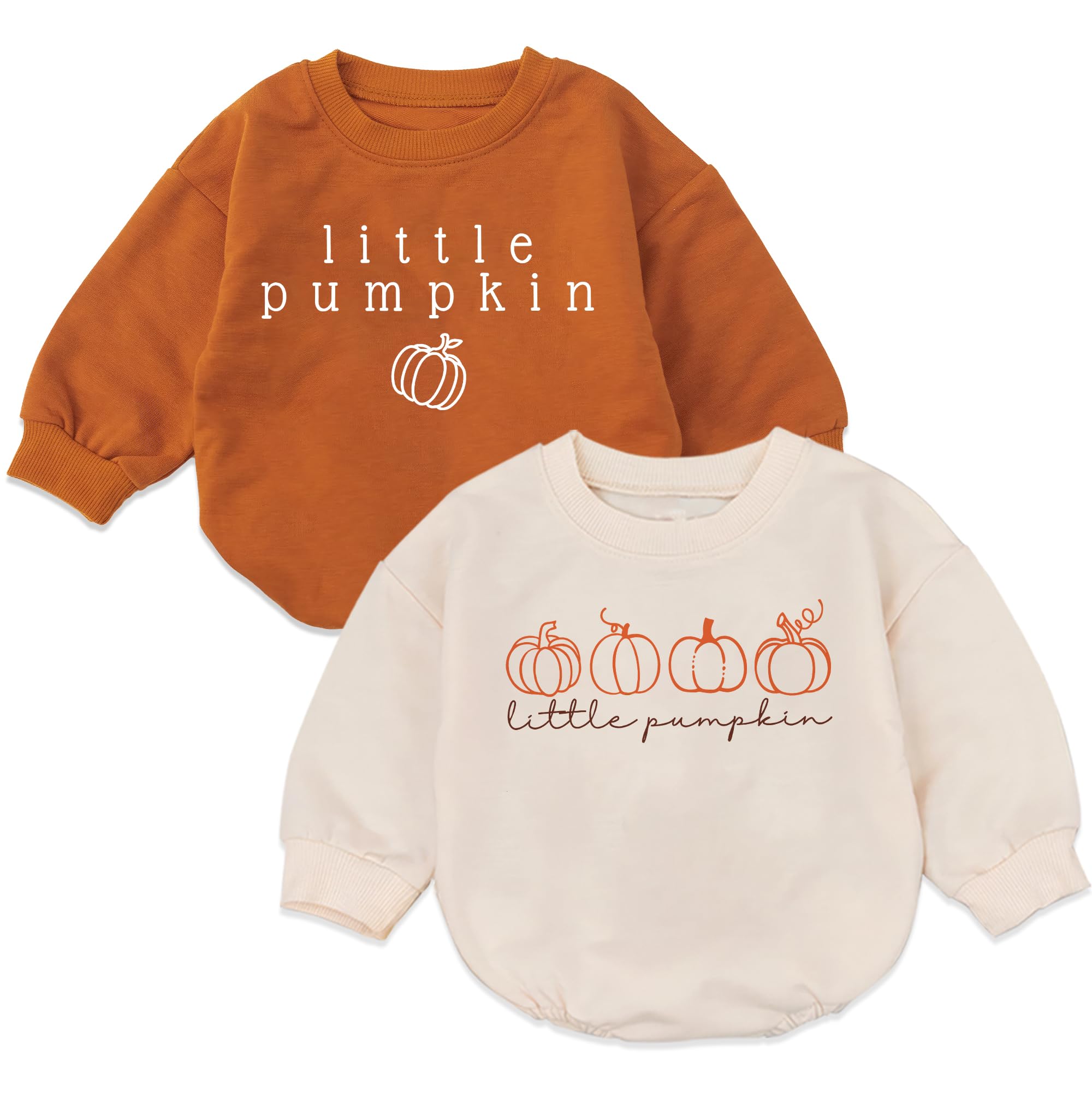 2PC Little Pumpkin Baby Romper, Infant Halloween Ghost Outfit, Fall Baby Girl Boy Bodysuit, Long Sleeve Autumn Clothes, Bubble Romper Sweater Clothes (Multicolor, 6-12 Months)