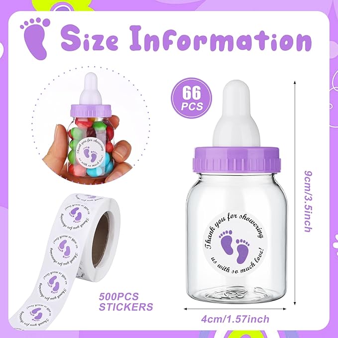 62 Pcs 3.5 Inch Baby Mini Milk Bottle Baby Shower Favor with 500 Adhesive Thank You for Showering Stickers, Small Plastic Candy Bottle DIY Gift for Boy Girl Newborn Baptism Party Decor (Purple)