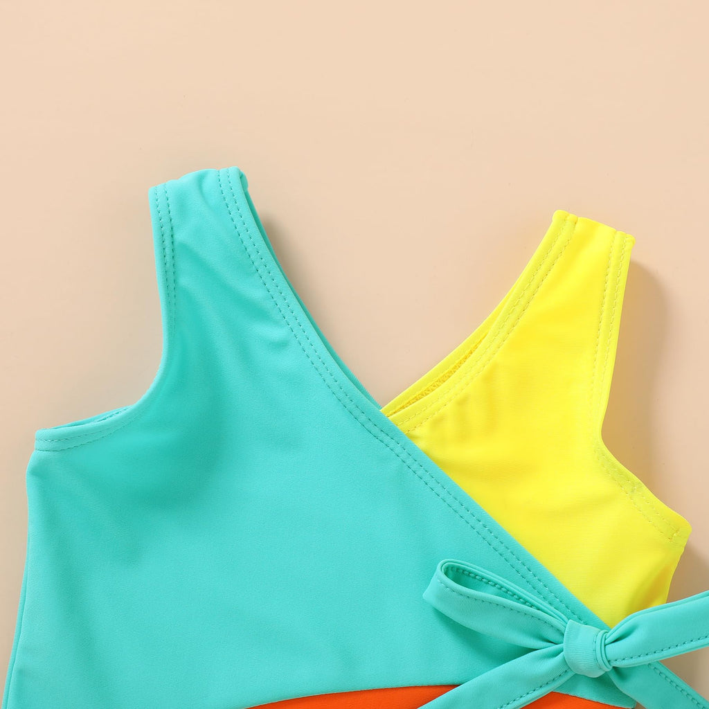 Happy Town Toddler Swimsuit Girl One Piece Bathing Suit Color Block Swimwear Baby Summer Beach Wear(12-18 Months,Yellow Blue Orange)