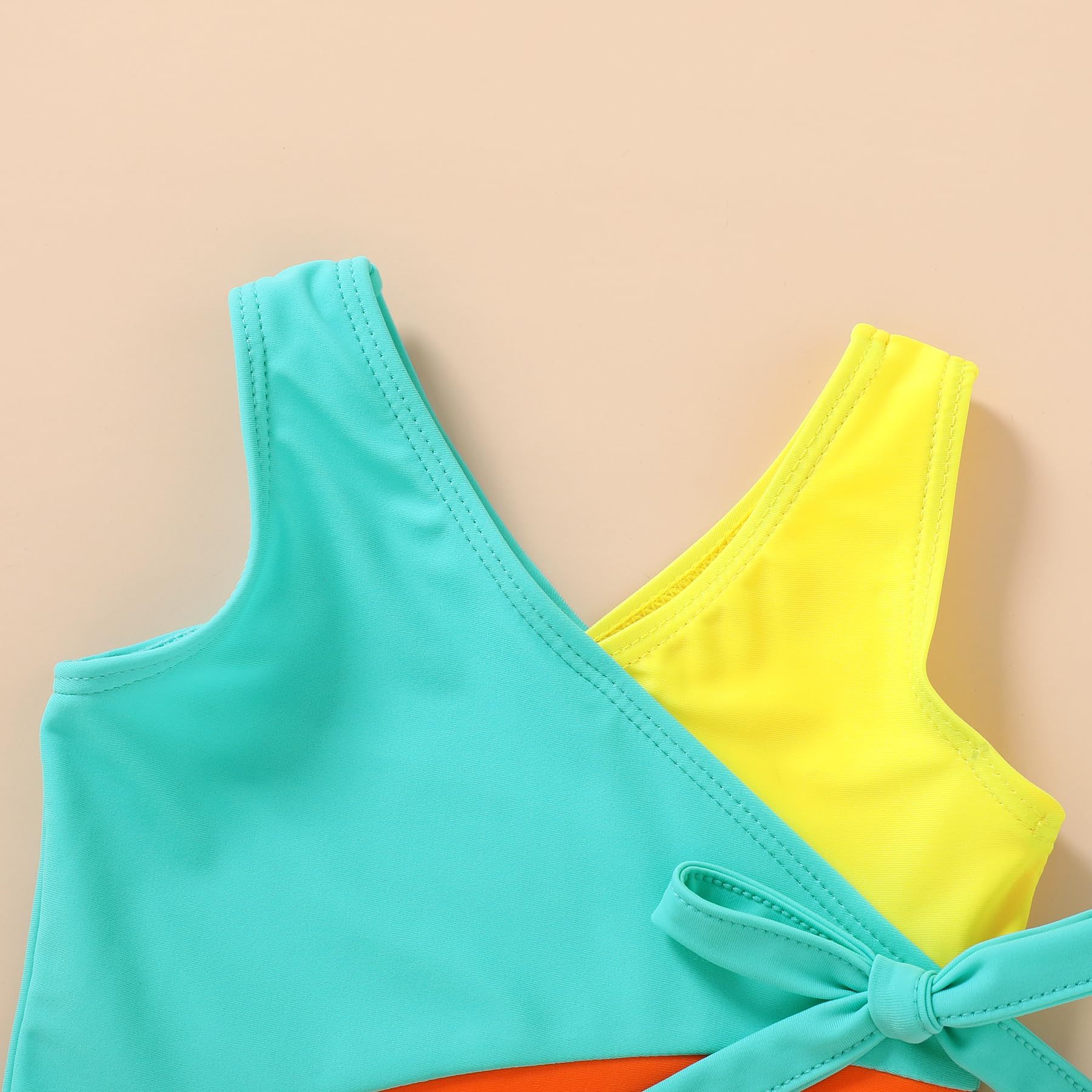 Happy Town Toddler Swimsuit Girl One Piece Bathing Suit Color Block Swimwear Baby Summer Beach Wear(6-7 Years,Yellow Blue Orange)