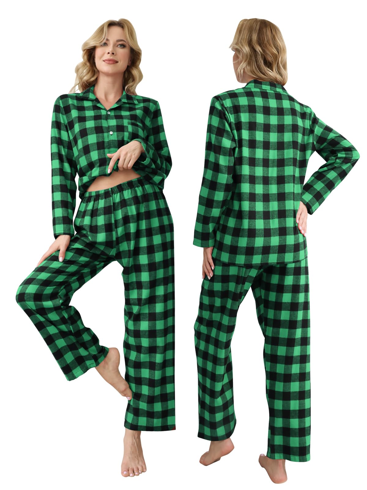 Schbbbta Family Plaid Pajamas Set, Girls Boys 2-Piece Pajamas Set Long Sleeve Sleepwear Button Down Pjs, Black Green, 9-10 Years=Tag 150