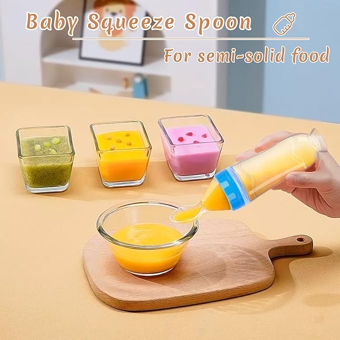 WAJIAYON Baby Food Feeder 3 Pack Silicone Baby Food Dispensing Spoon with Standing Base for Infant- 3 oz Squeeze Feeding Spoons with Suction Cup for Boys Girl Kids Toddlers - Self Feeding Bottle Spoon