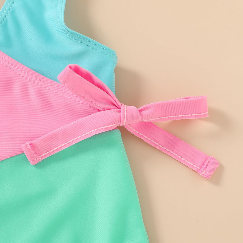 Happy Town Toddler Swimsuit Girl One Piece Bathing Suit Color Block Swimwear Baby Summer Beach Wear(3-4T,Blue Pink Green)