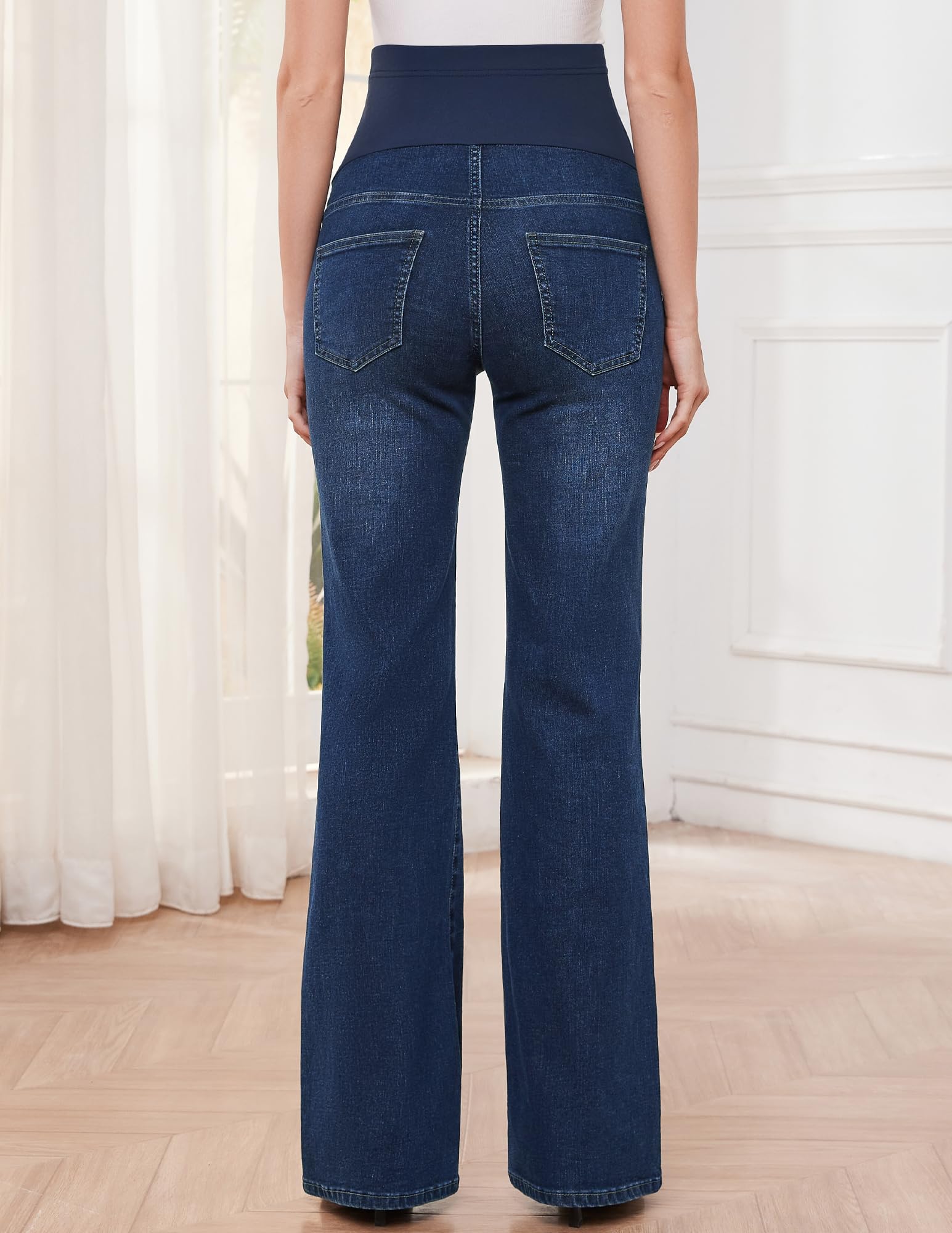 GLAMIX Women's Stretch Maternity Bootcut Jeans with Pockets Over The Belly Bell Bottoms Flare Denim Pants Pregnancy Clothes(Vintage Blue, M)