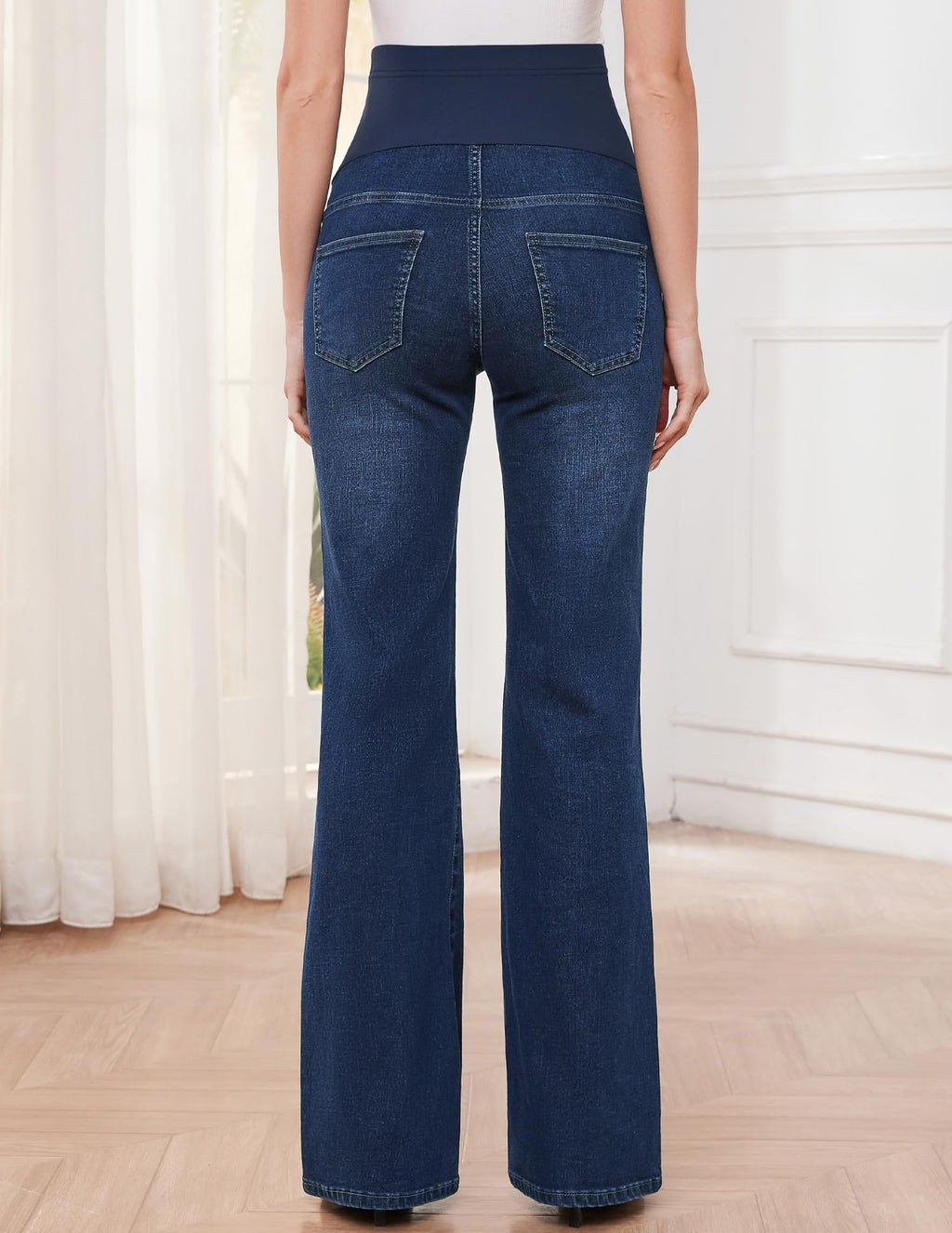 GLAMIX Women's Stretch Maternity Bootcut Jeans with Pockets Over The Belly Bell Bottoms Flare Denim Pants Pregnancy Clothes(Vintage Blue, M)