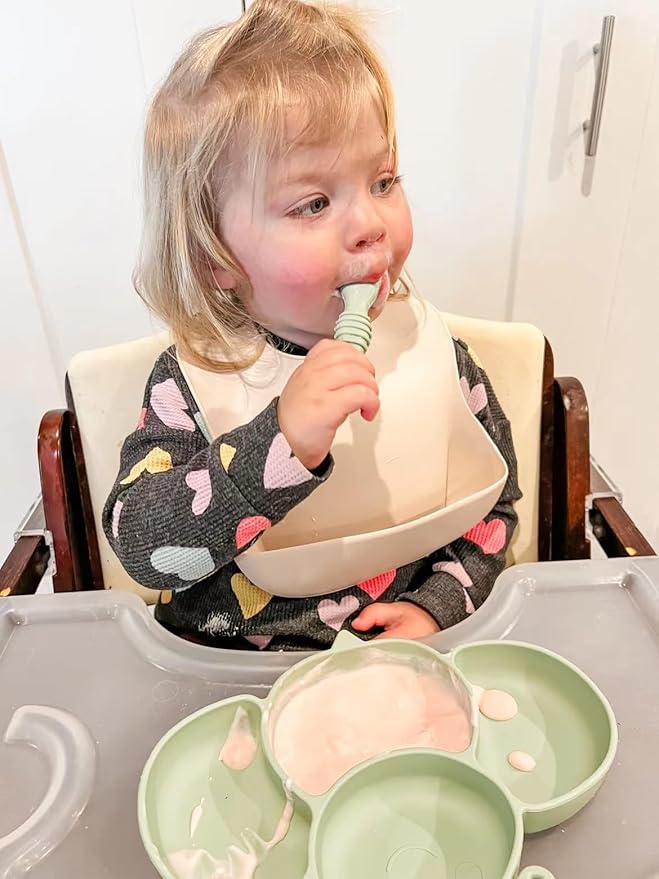 PandaEar 2 Pack Silicone Suction Plates for Baby, Divided Unbreakable Toddler Plate with 2 Pack Spoons for Self Feeding, Babies Utensils Feeding Set Baby Eating Supplies, Crab & Bee Shape -Blue&Green