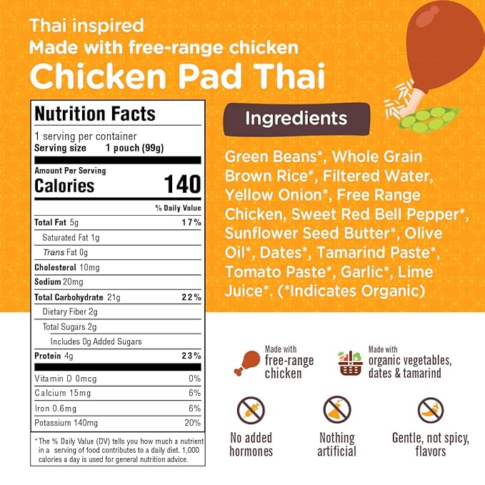 Li’l Hala Chicken Pad Thai Baby Food Pouches – Free-Range Chicken & Organic Veggies – Toddler Meals with Meat – Protein & Healthy Fats Puree – No Hormones – 6+ Months – 3.5 oz (12 Pack)