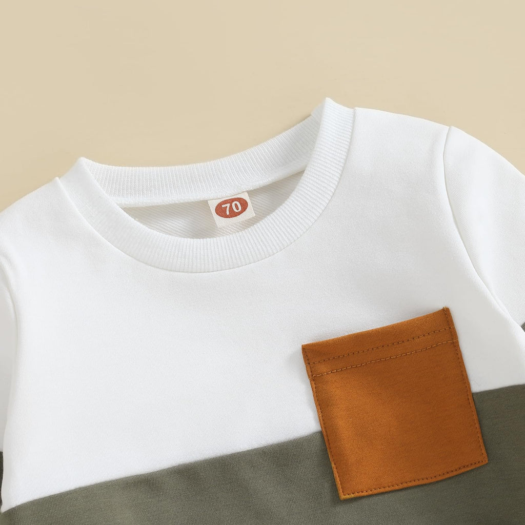 Lucikamy Toddler Baby Boy Fall Outfits Long Sleeve Crew Neck Pullover Sweatshirt + Jogger Pants Set Infant Winter Clothes (Army Green Blue Patchwork, 0-6 Months)