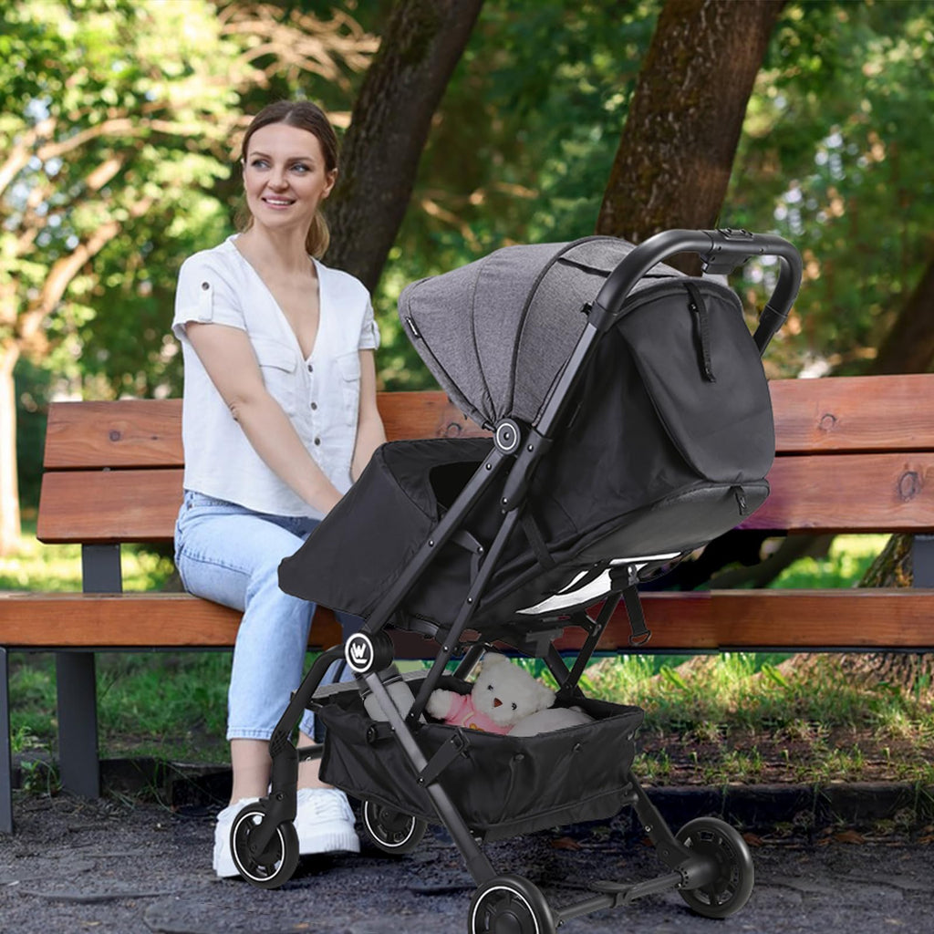 Rollingsurfer Lightweight Baby Stroller for Airplane, Compact Travel Pushchair with Retractable Foot Cover & Reclining Backrest, One Hand Fold Stroller for Toddlers 0-36 Months