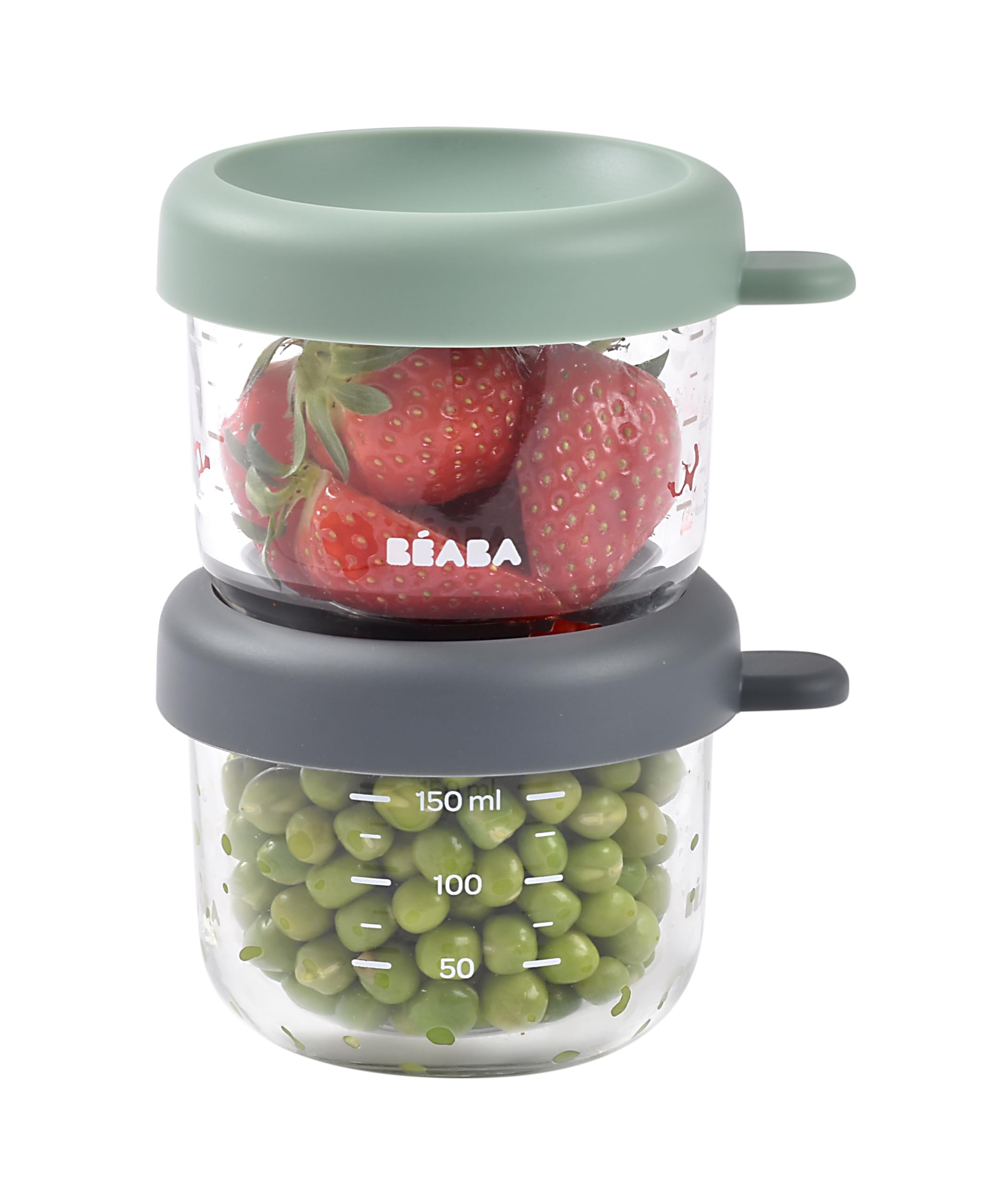 Beaba 2 Pack Glass Baby Food Jars, Freezer, Sterilizer, and Dishwasher Safe, 5 oz Baby Food Storage Jars with Silicone Air Tight Lid, Mineral/Sage