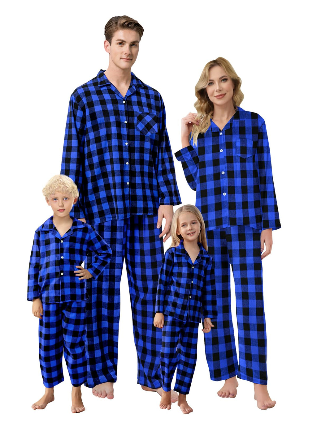 Schbbbta Pajamas Women, Ladies Cotton Plaid Flannel Shirt+ Pajama Pants Set Sleepwear For Family, Black Blue, US M