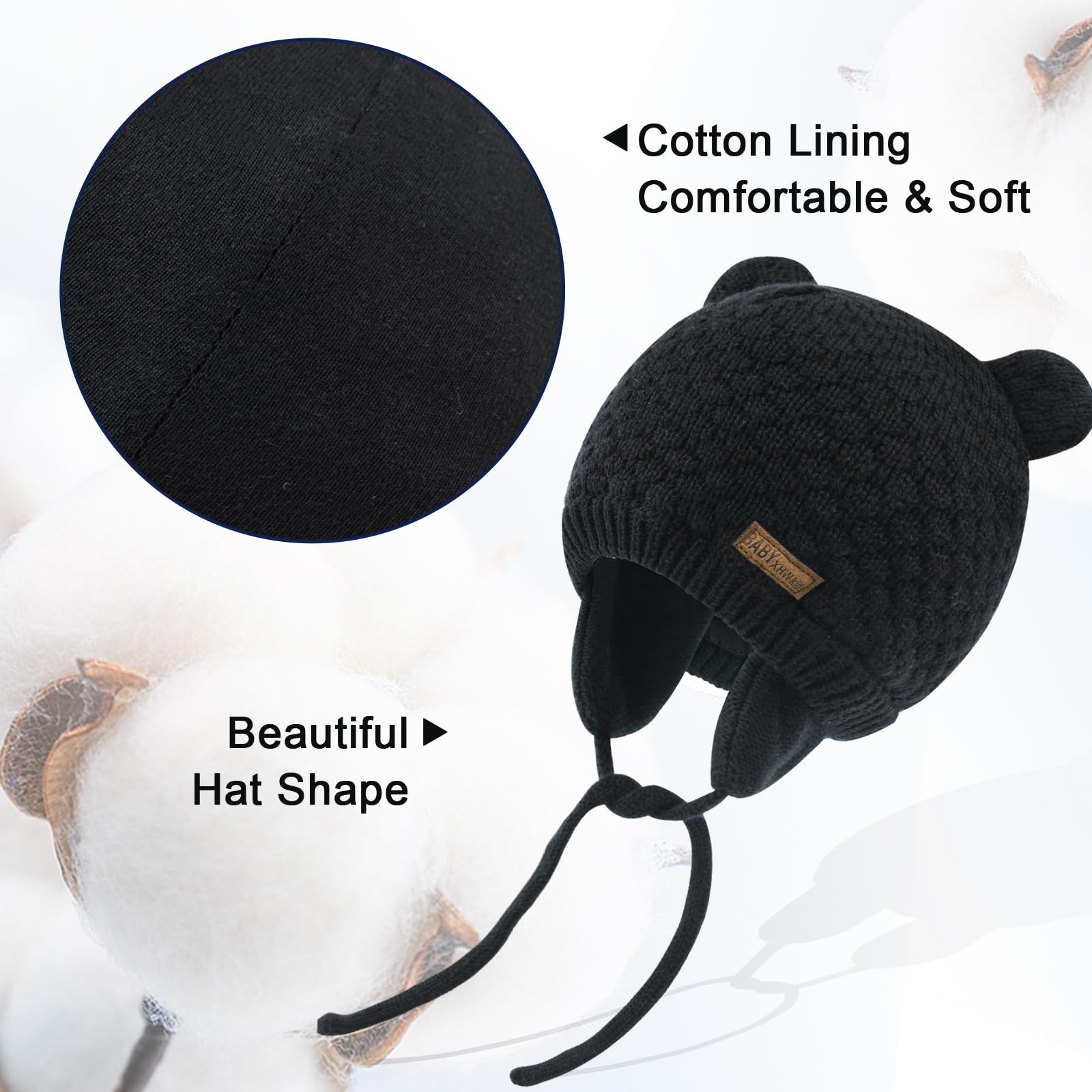 XIAOHAWANG Baby Hat Cute Bear Toddler Earflap Beanie Warm for Fall Winter (0-6 Months, A-Black)
