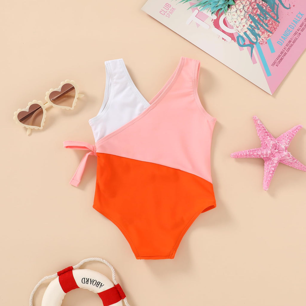 Happy Town Toddler Swimsuit Girl One Piece Bathing Suit Color Block Swimwear Baby Summer Beach Wear(12-18 Months,White Pink Orange)