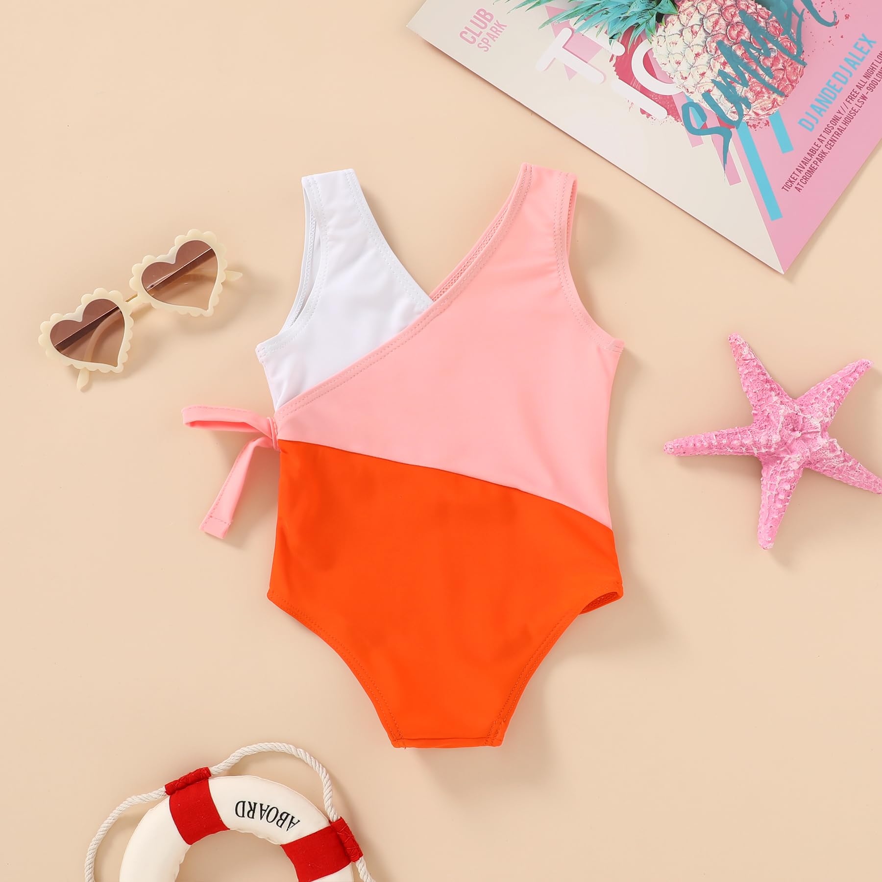 Happy Town Toddler Swimsuit Girl One Piece Bathing Suit Color Block Swimwear Baby Summer Beach Wear(6-7 Years,White Pink Orange)